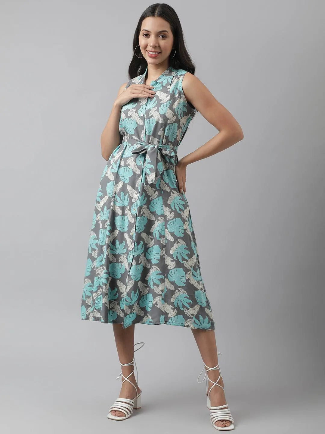 Jashvi Rayon Grey A-Line Floral Printed Midi Dress