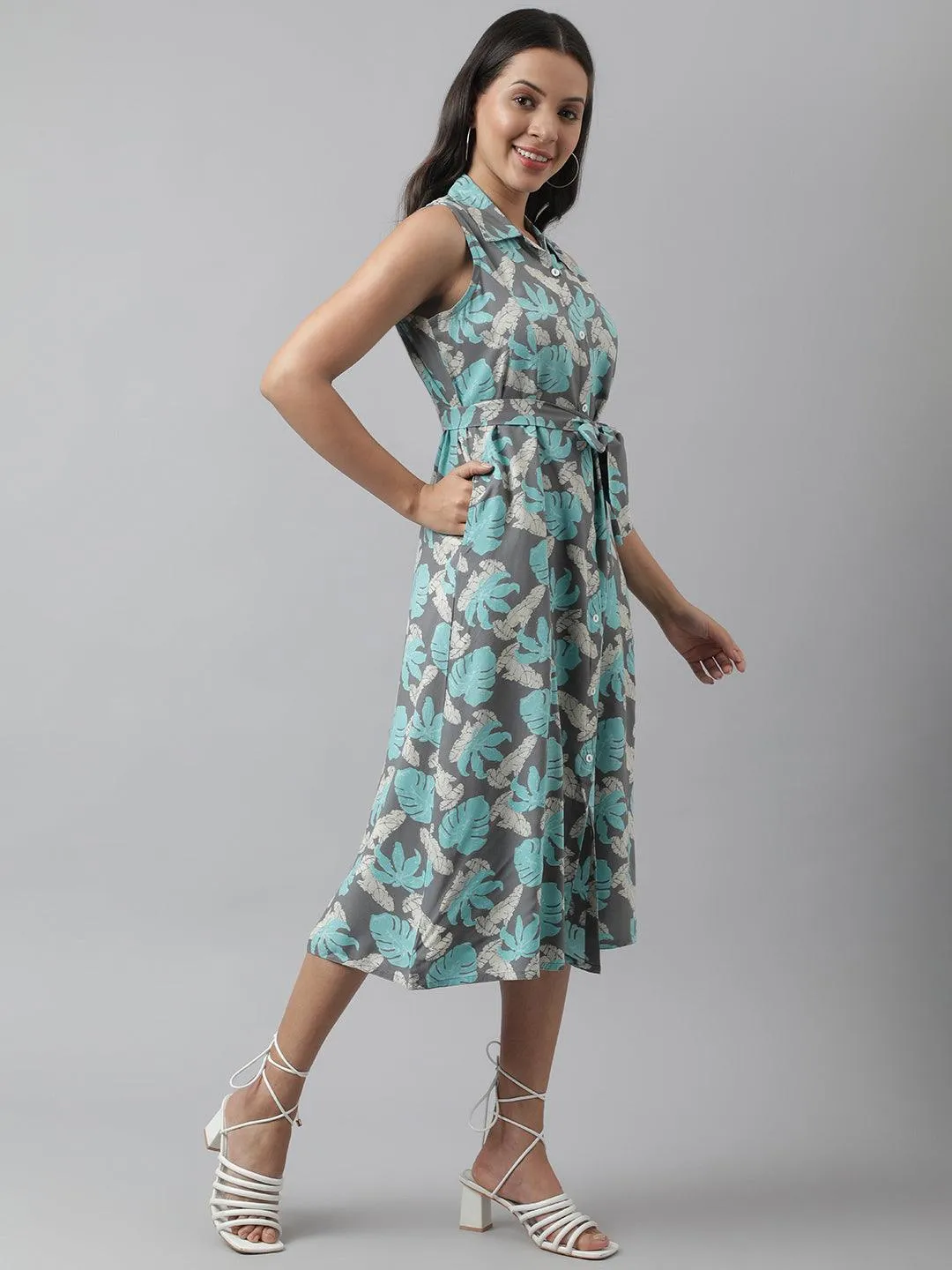 Jashvi Rayon Grey A-Line Floral Printed Midi Dress