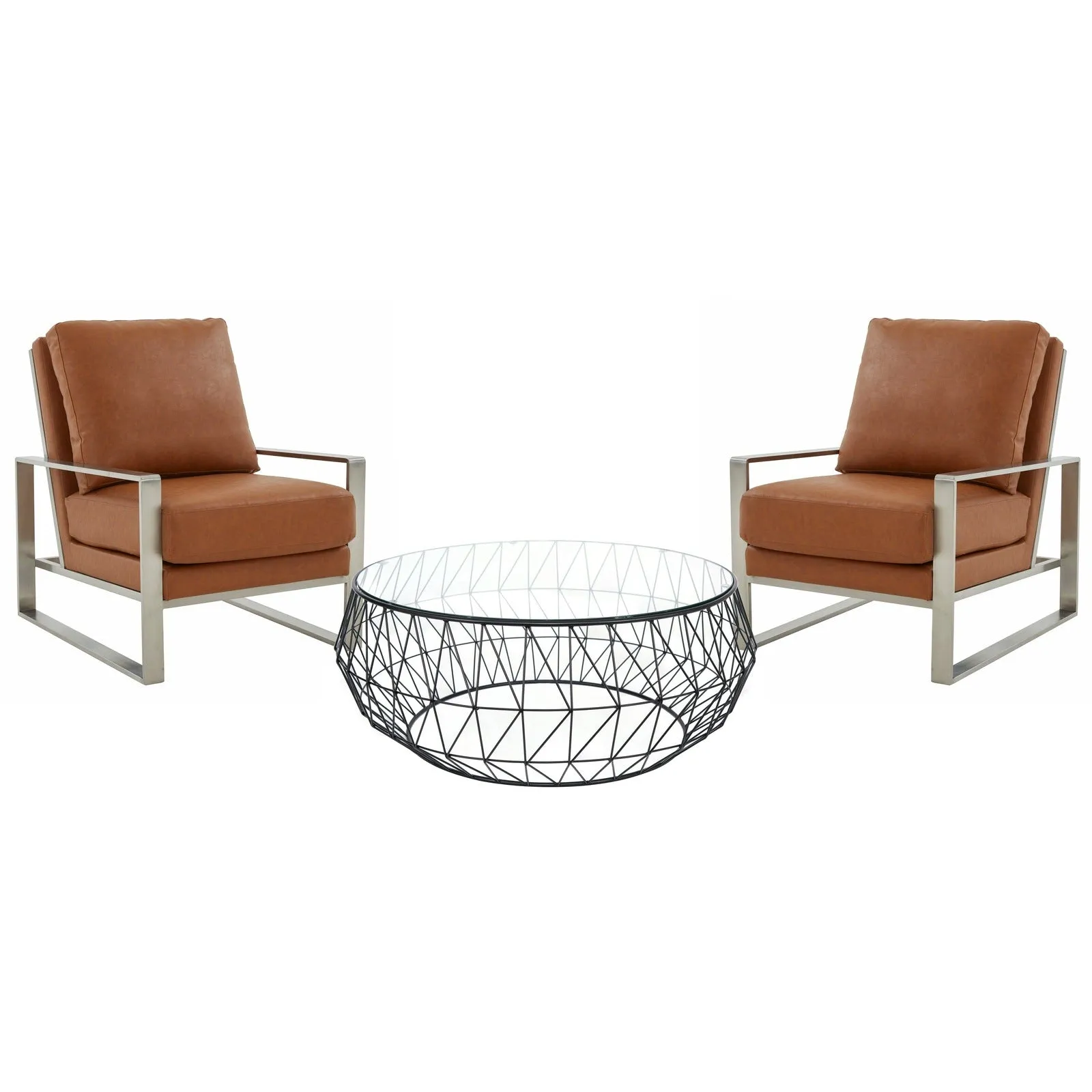 Jefferson Modern 3-Piece Living Room Set with Leather Arm Chair in Silver Frame and Round Coffee Table