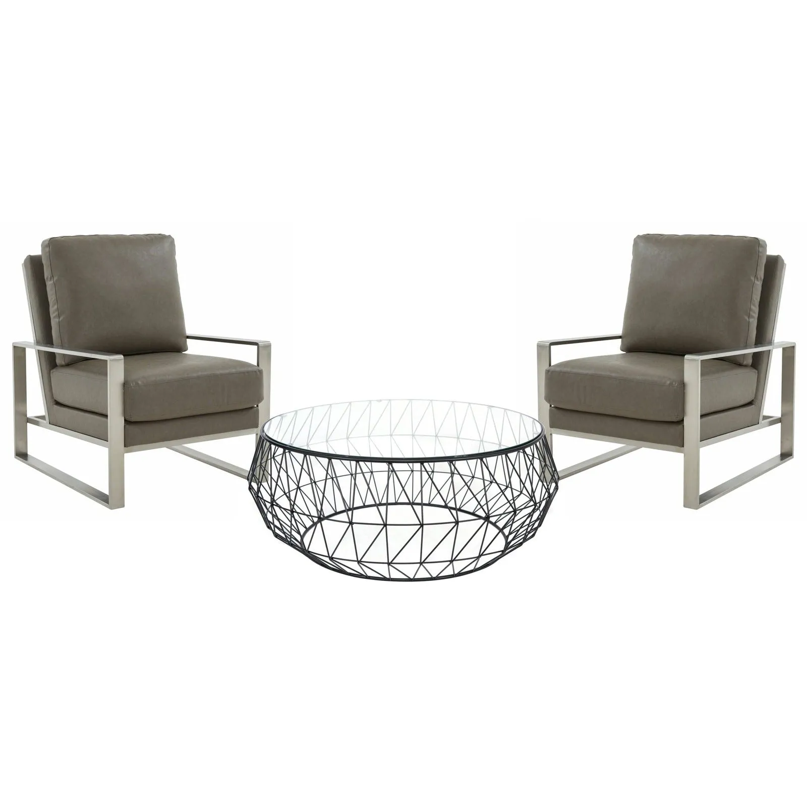 Jefferson Modern 3-Piece Living Room Set with Leather Arm Chair in Silver Frame and Round Coffee Table