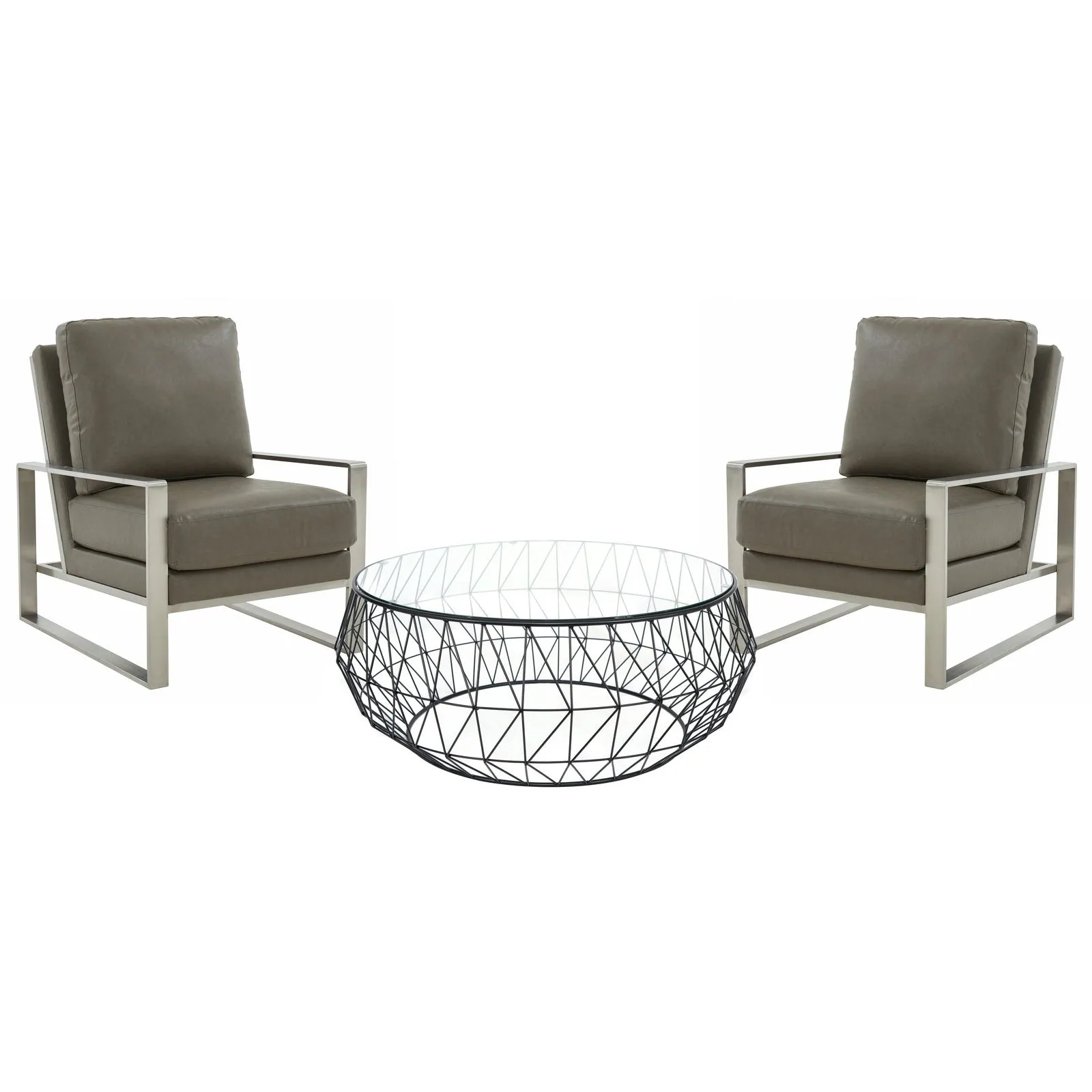 Jefferson Modern 3-Piece Living Room Set with Leather Arm Chair in Silver Frame and Round Coffee Table