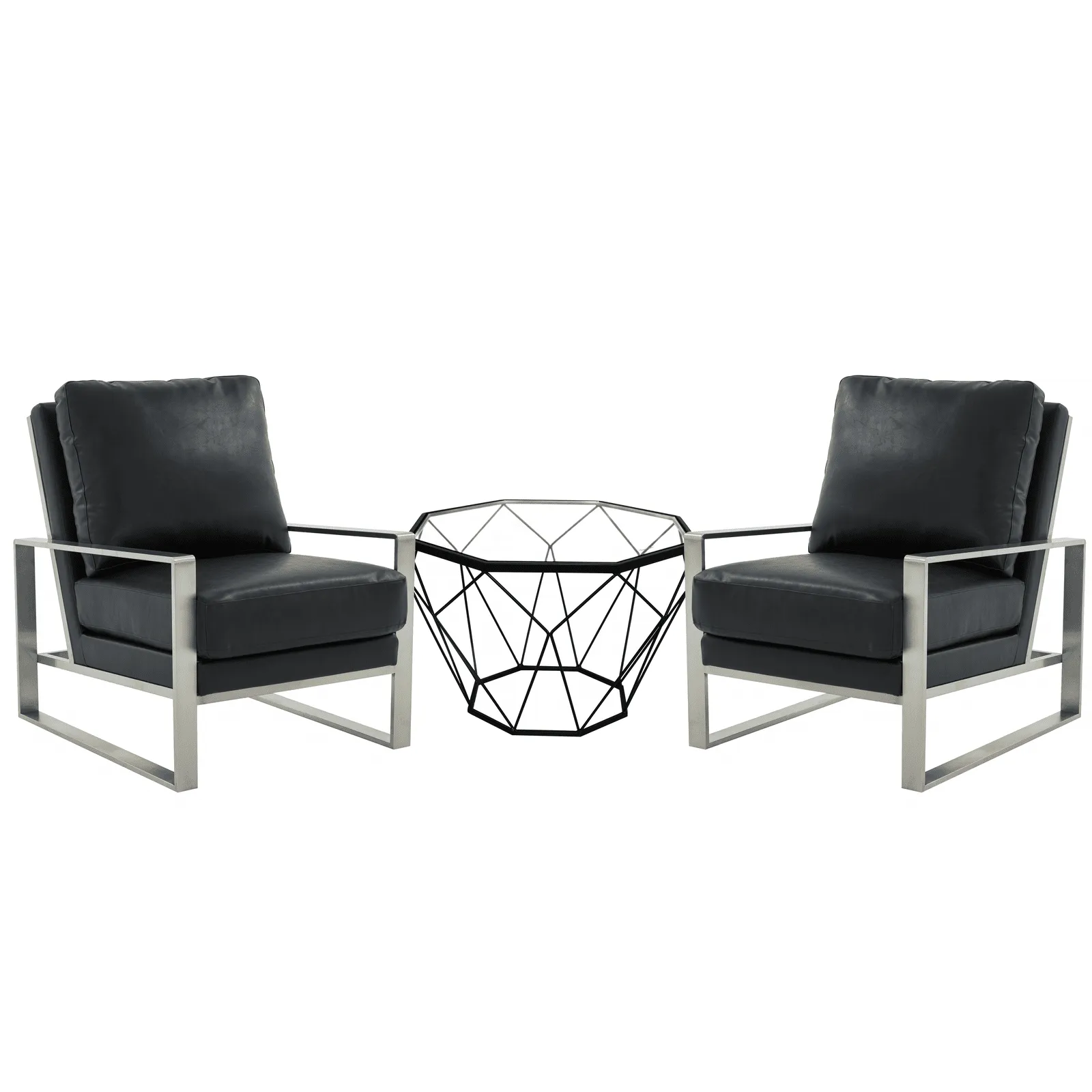 Jefferson Modern Leather Arm Chairs with Silver Frame and Coffee Table with Black Geometric Base for Living Room