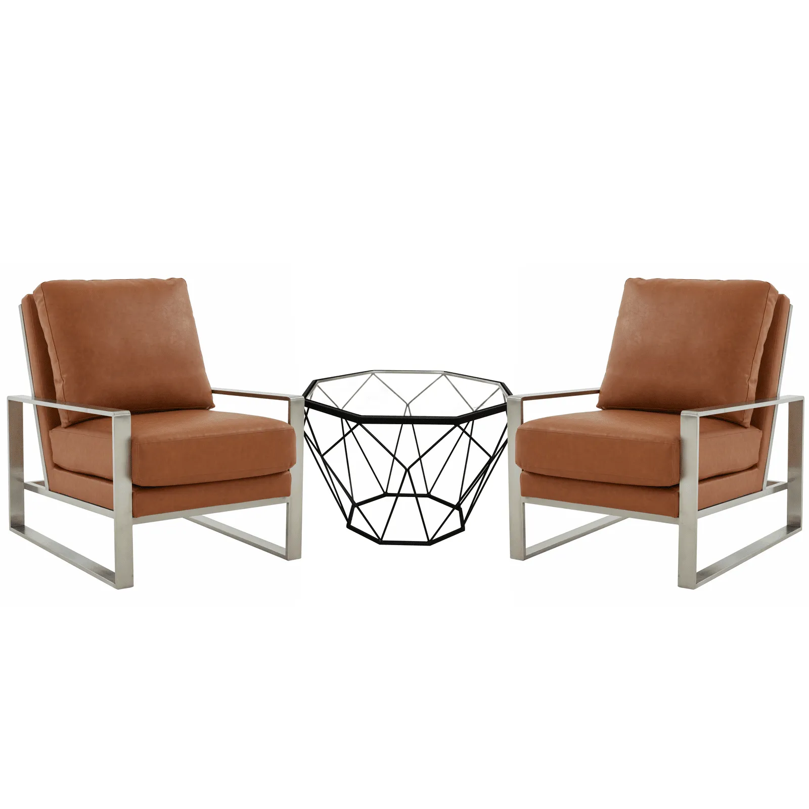 Jefferson Modern Leather Arm Chairs with Silver Frame and Coffee Table with Black Geometric Base for Living Room