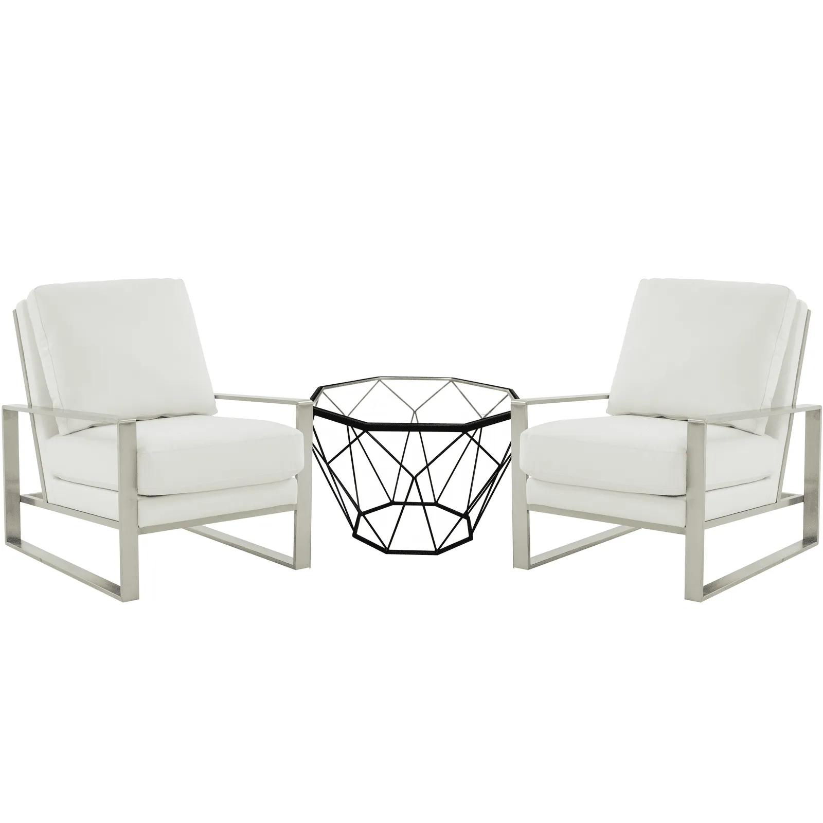 Jefferson Modern Leather Arm Chairs with Silver Frame and Coffee Table with Black Geometric Base for Living Room