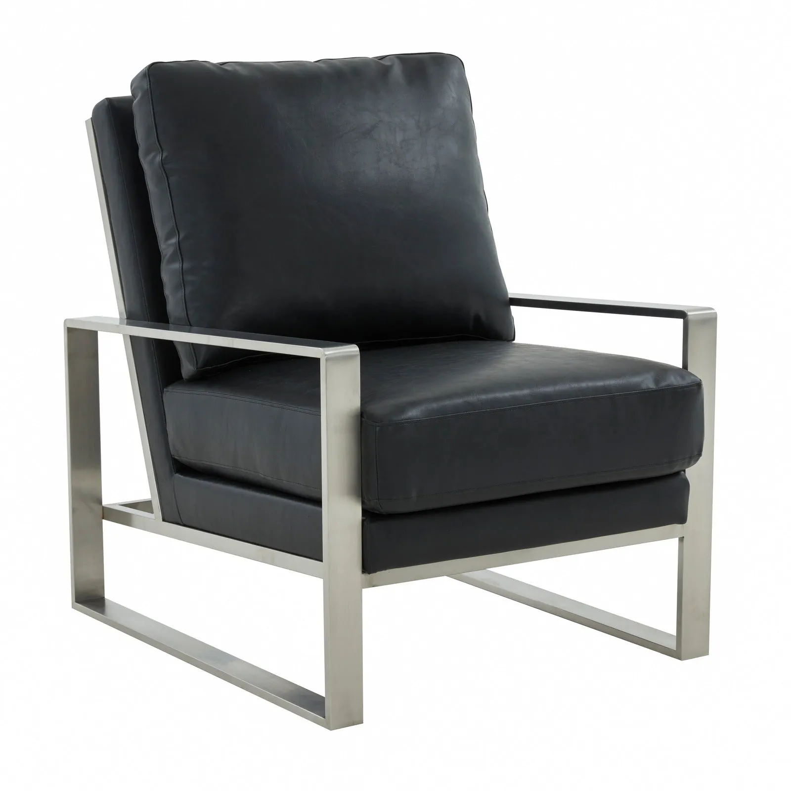 Jefferson Modern Leather Arm Chairs with Silver Frame and Coffee Table with Black Geometric Base for Living Room