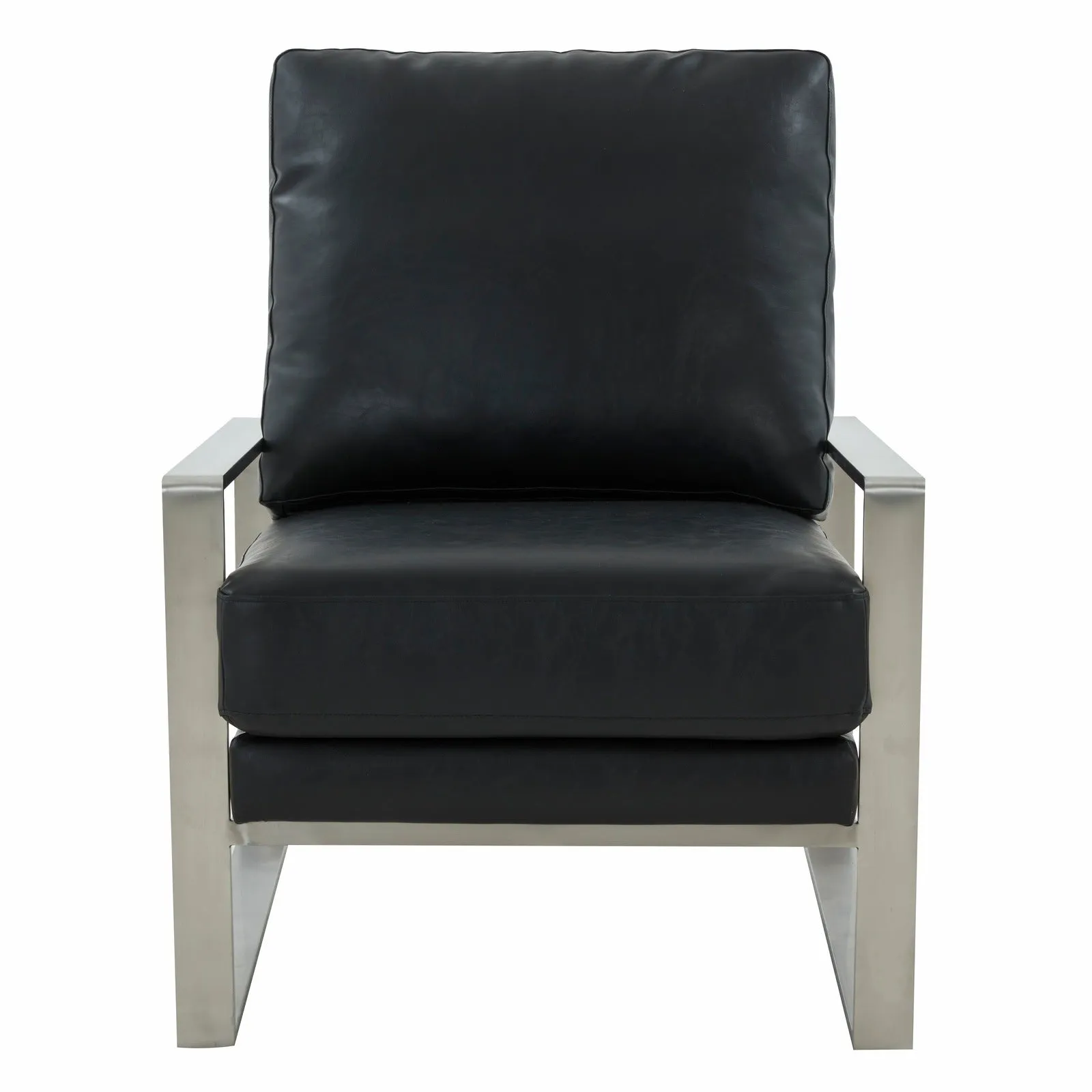 Jefferson Modern Leather Arm Chairs with Silver Frame and Coffee Table with Black Geometric Base for Living Room