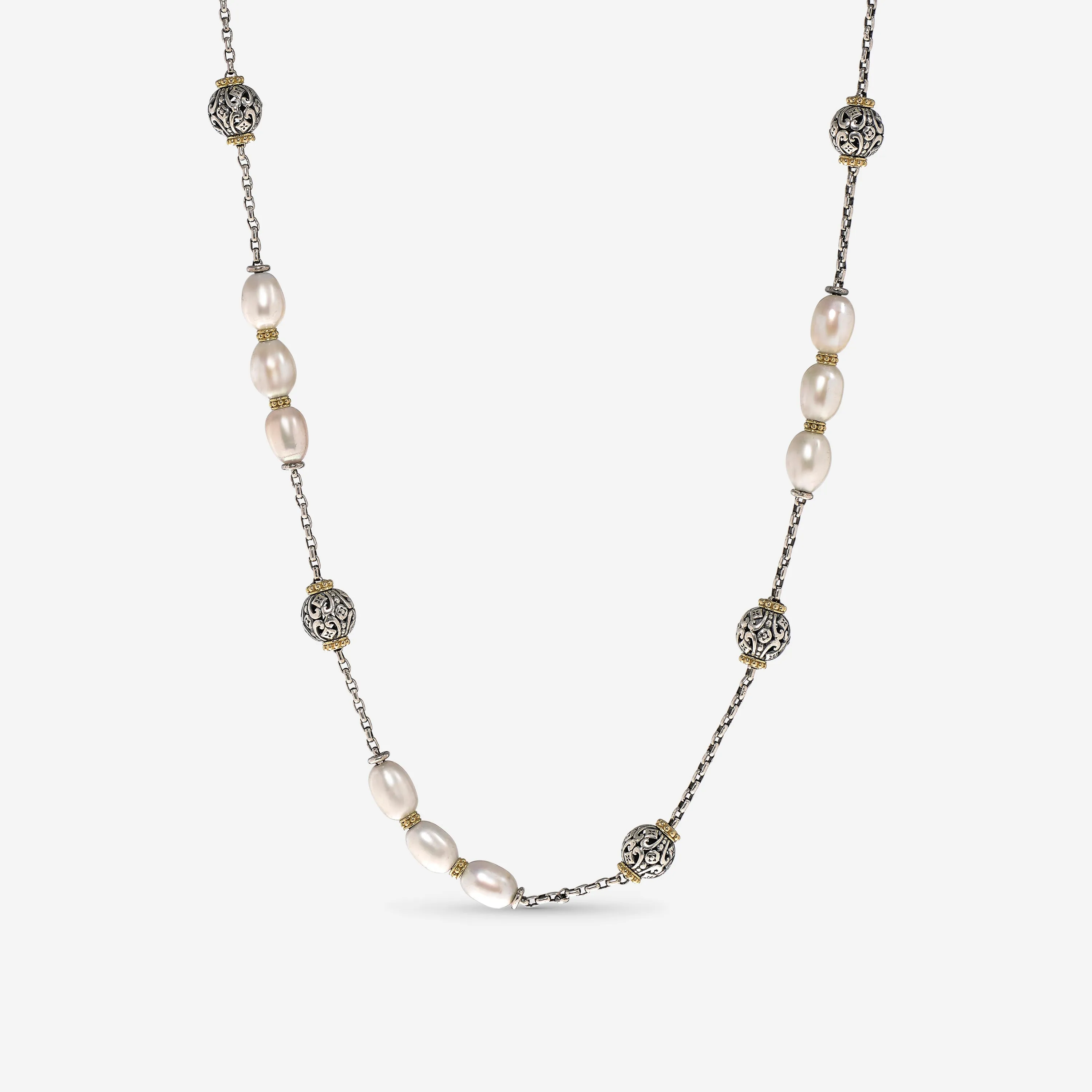 Konstantino Kleos Sterling Silver and 18K Yellow Gold, Pearl Station Necklace KOMK4767-122-33