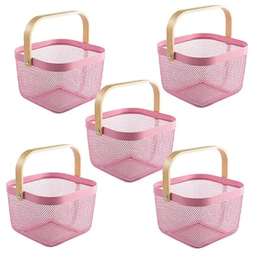 Kuber Industries Metal Wire Basket With Handle|Storage Basket Fot Fruits, Books|Mesh Open Storage Bin|Storage Organizer|Pack Of 5|Pink