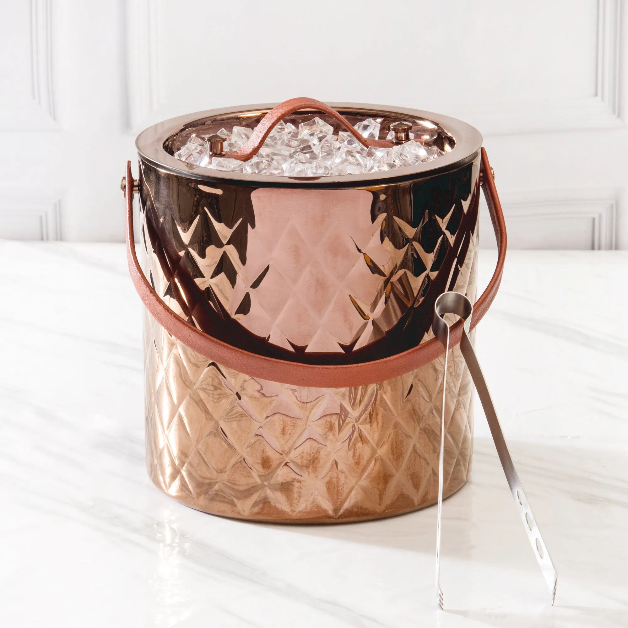 LEATHER HANDLE ICE BUCKET WITH TONG