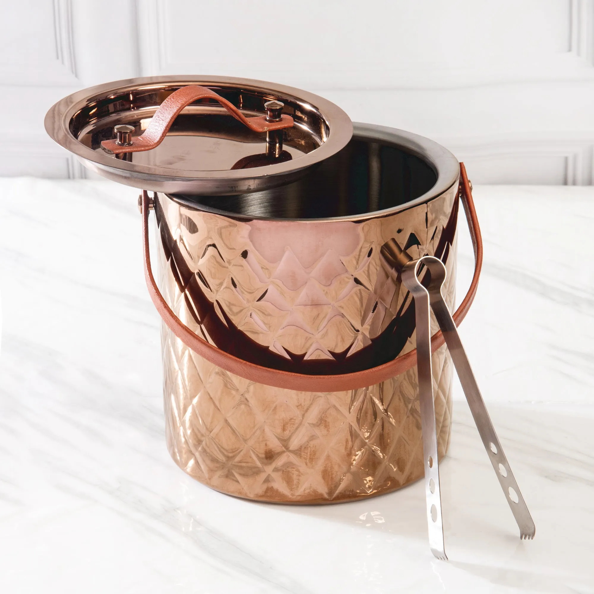 LEATHER HANDLE ICE BUCKET WITH TONG