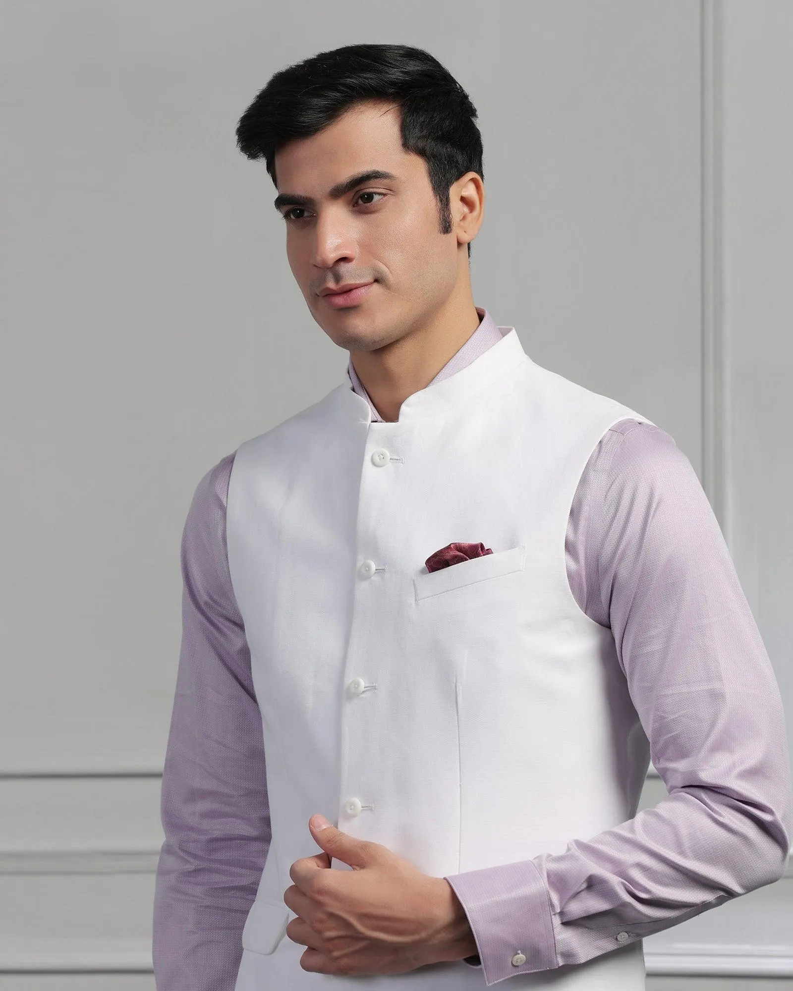 Linen Bandhgala Formal White Solid Waistcoat - Swift