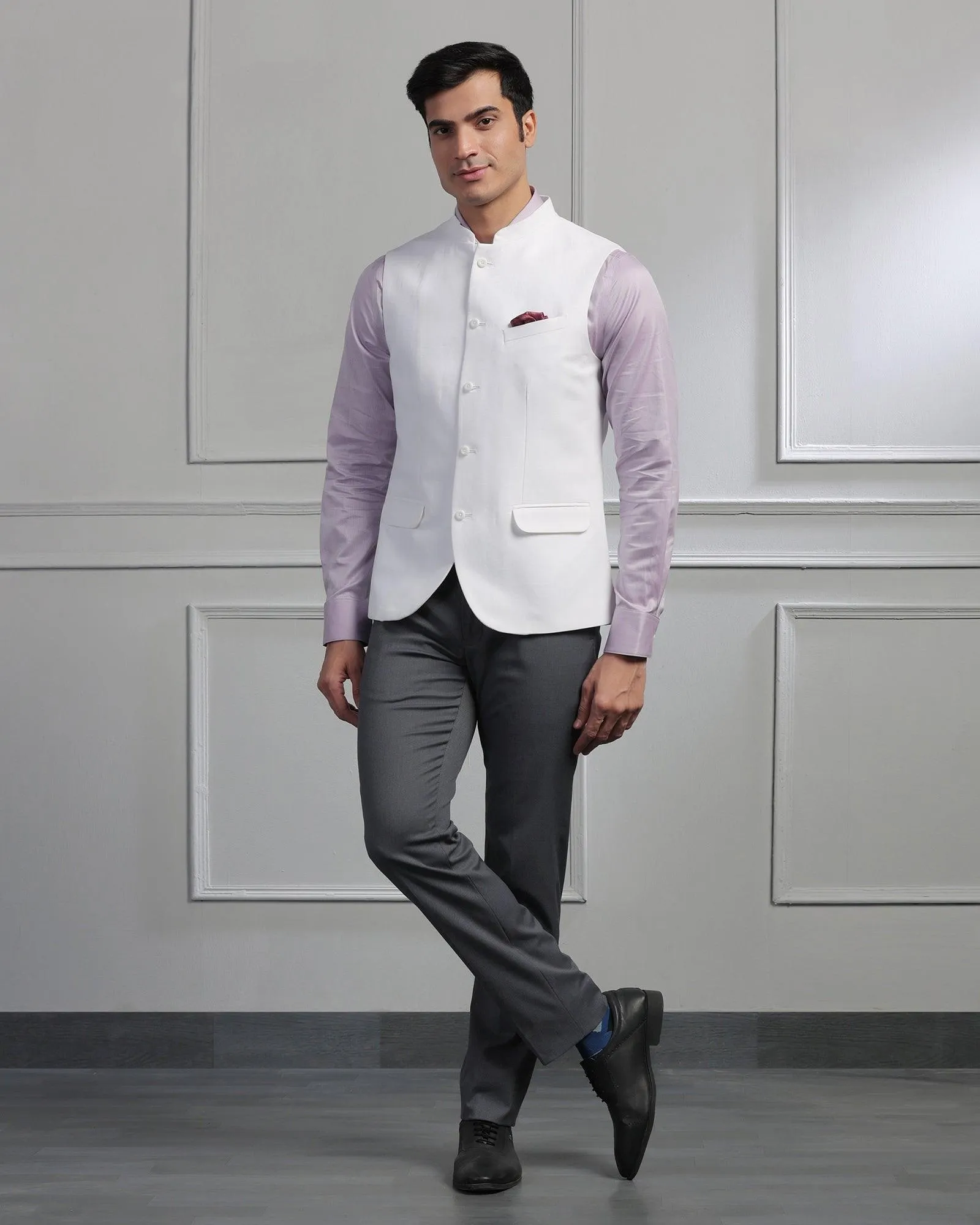 Linen Bandhgala Formal White Solid Waistcoat - Swift