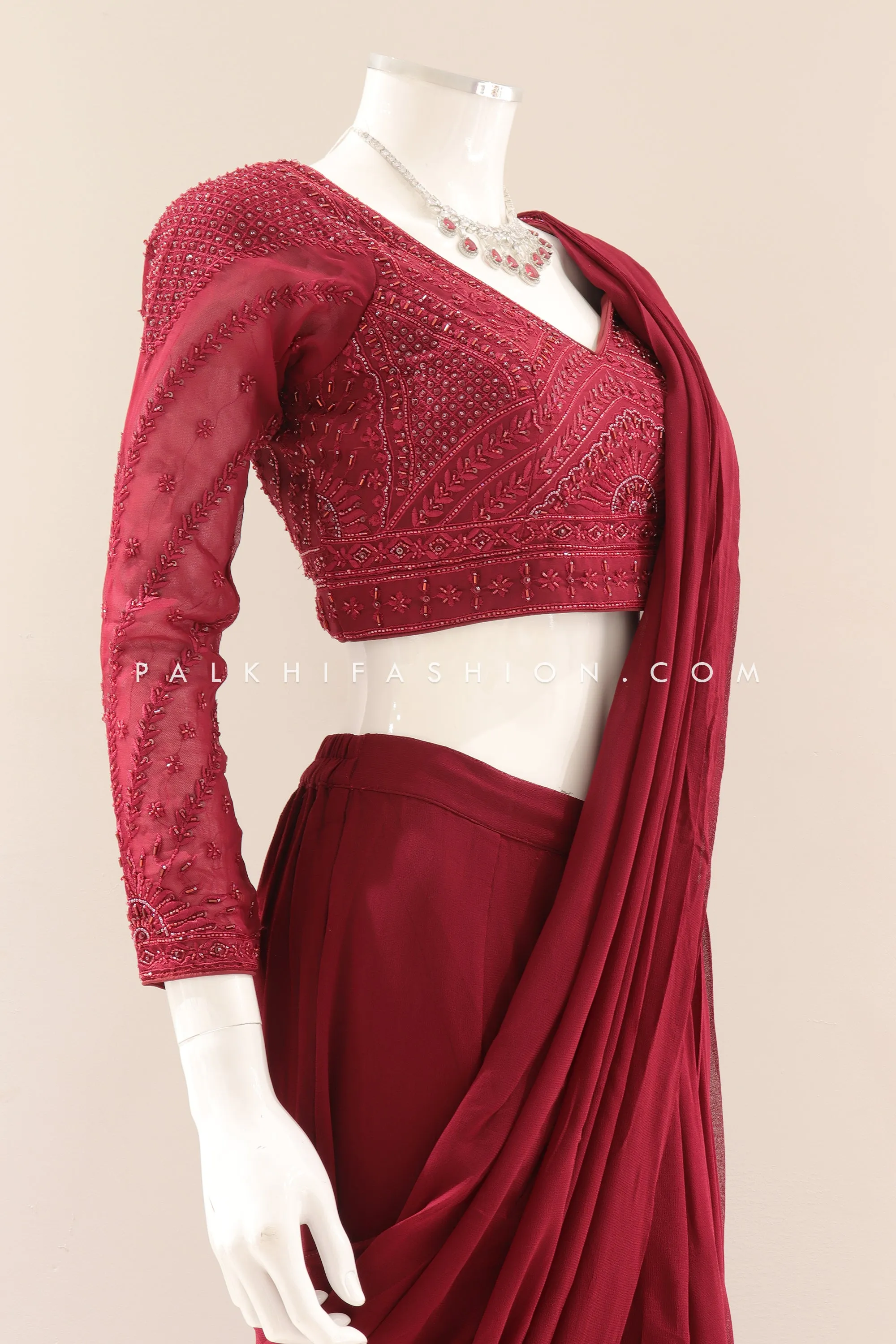 Maroon Indian Designer Palazzo Saree with Intricate Handwork