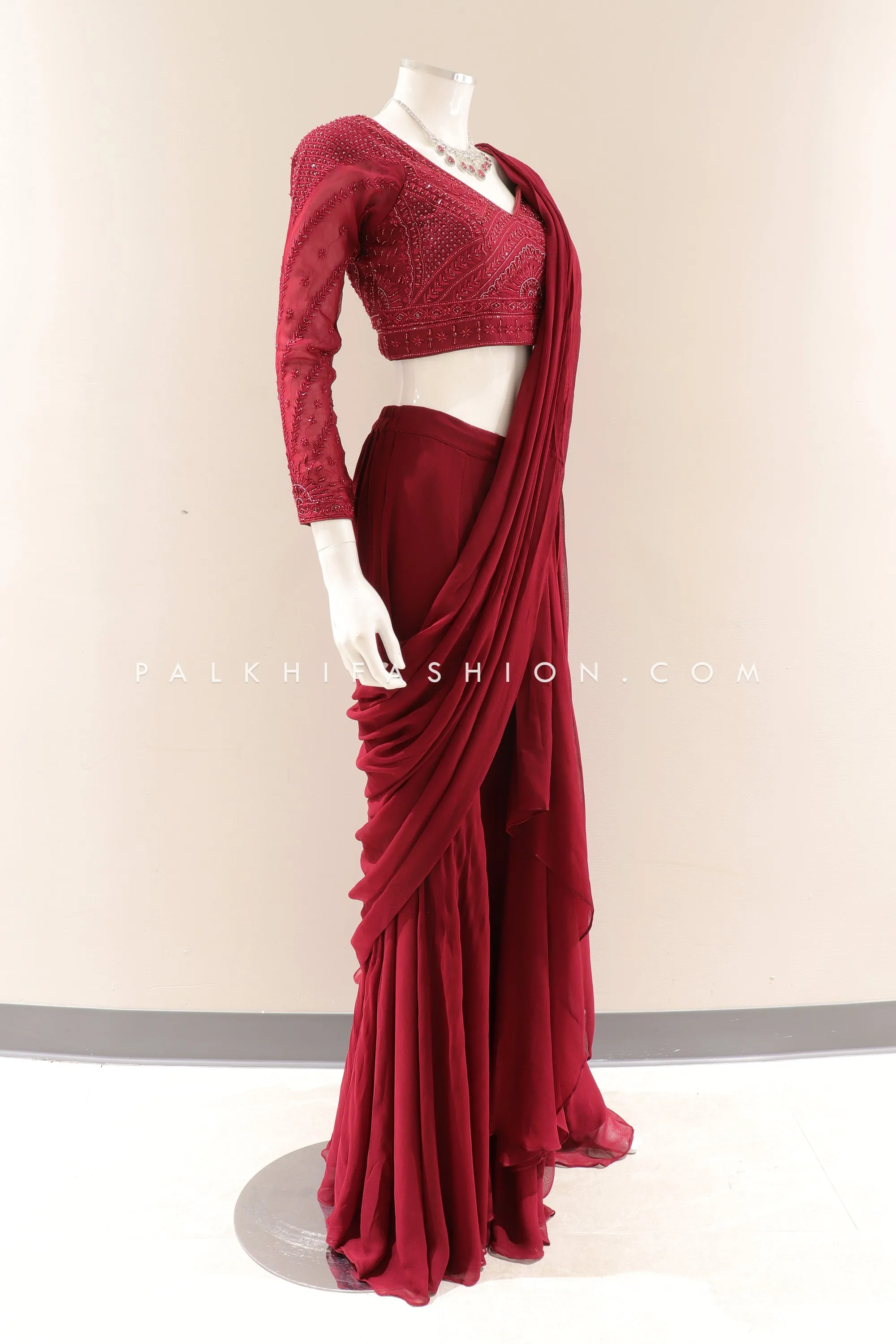 Maroon Indian Designer Palazzo Saree with Intricate Handwork