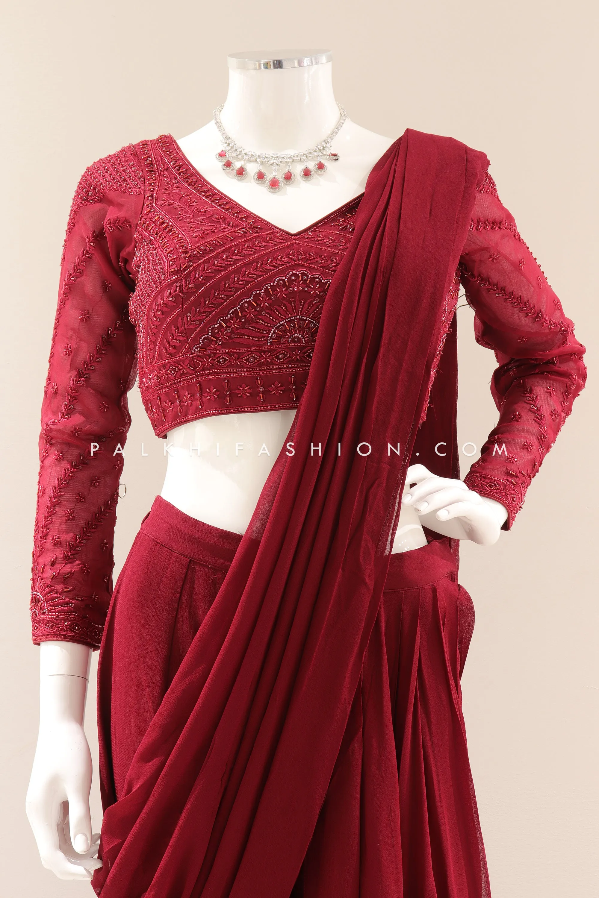 Maroon Indian Designer Palazzo Saree with Intricate Handwork