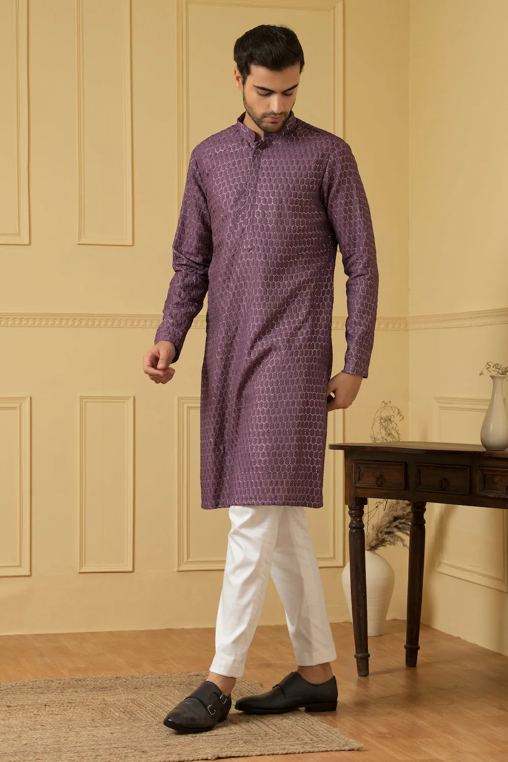 Men's Purple Lucknowi Threadwork Kurta - Hilo Design