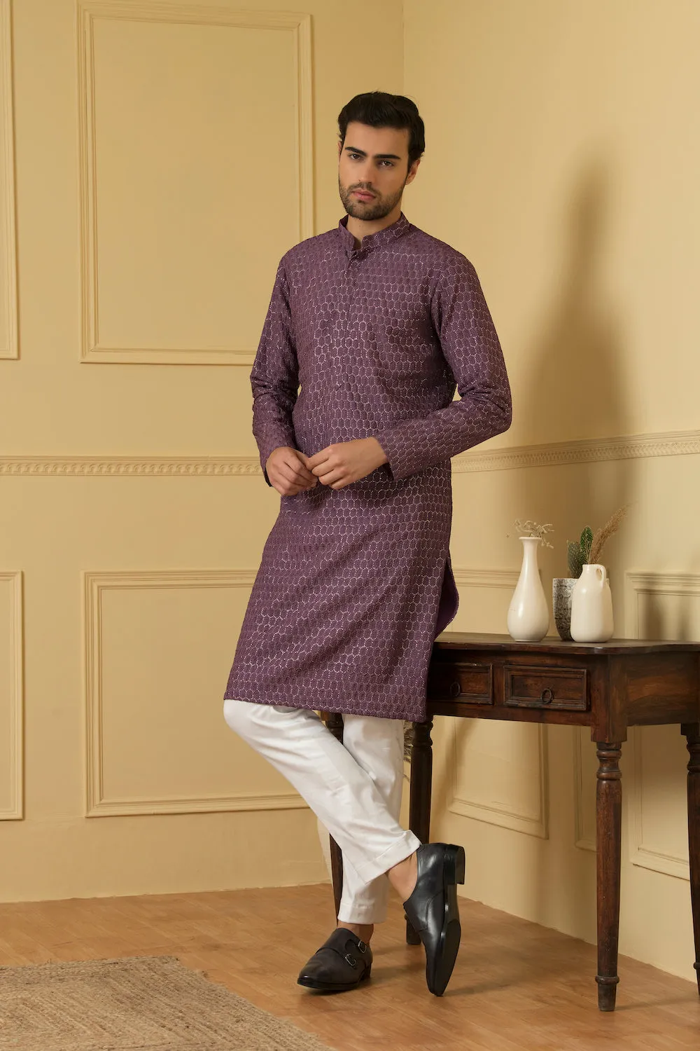 Men's Purple Lucknowi Threadwork Kurta - Hilo Design