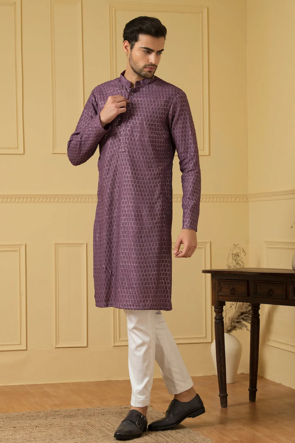 Men's Purple Lucknowi Threadwork Kurta - Hilo Design