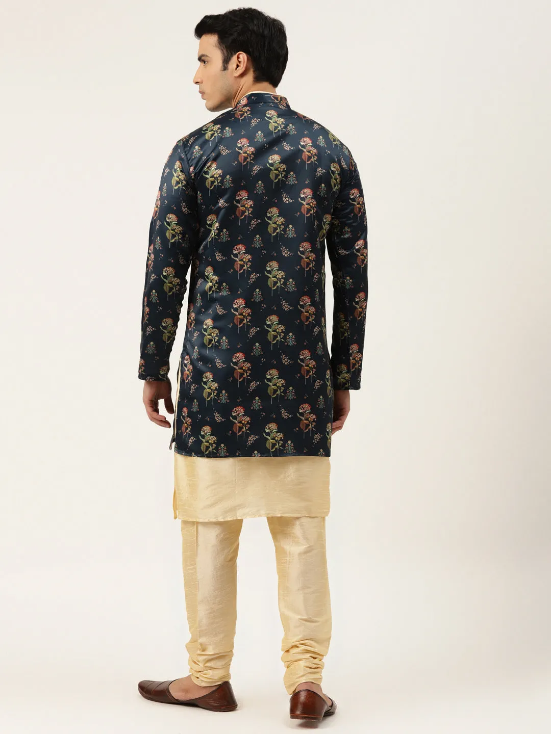 Men's Silk Blend Gold Kurta Pyjama & Navy Sherwani Set - Sojanya