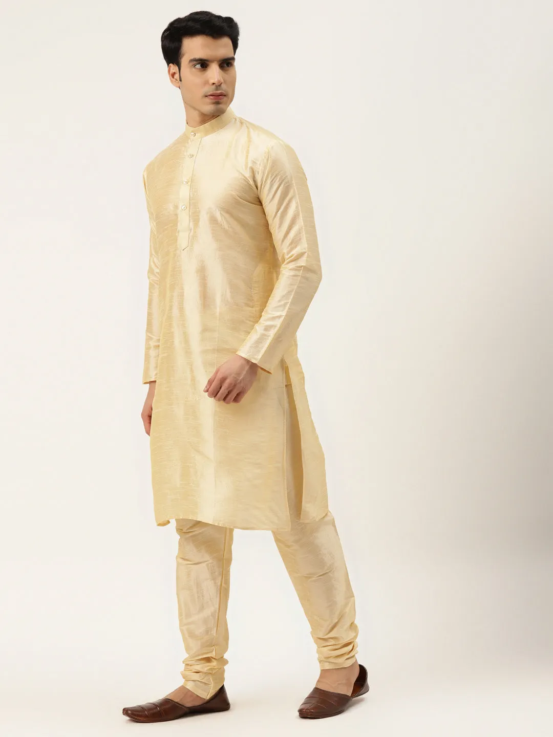 Men's Silk Blend Gold Kurta Pyjama & Navy Sherwani Set - Sojanya