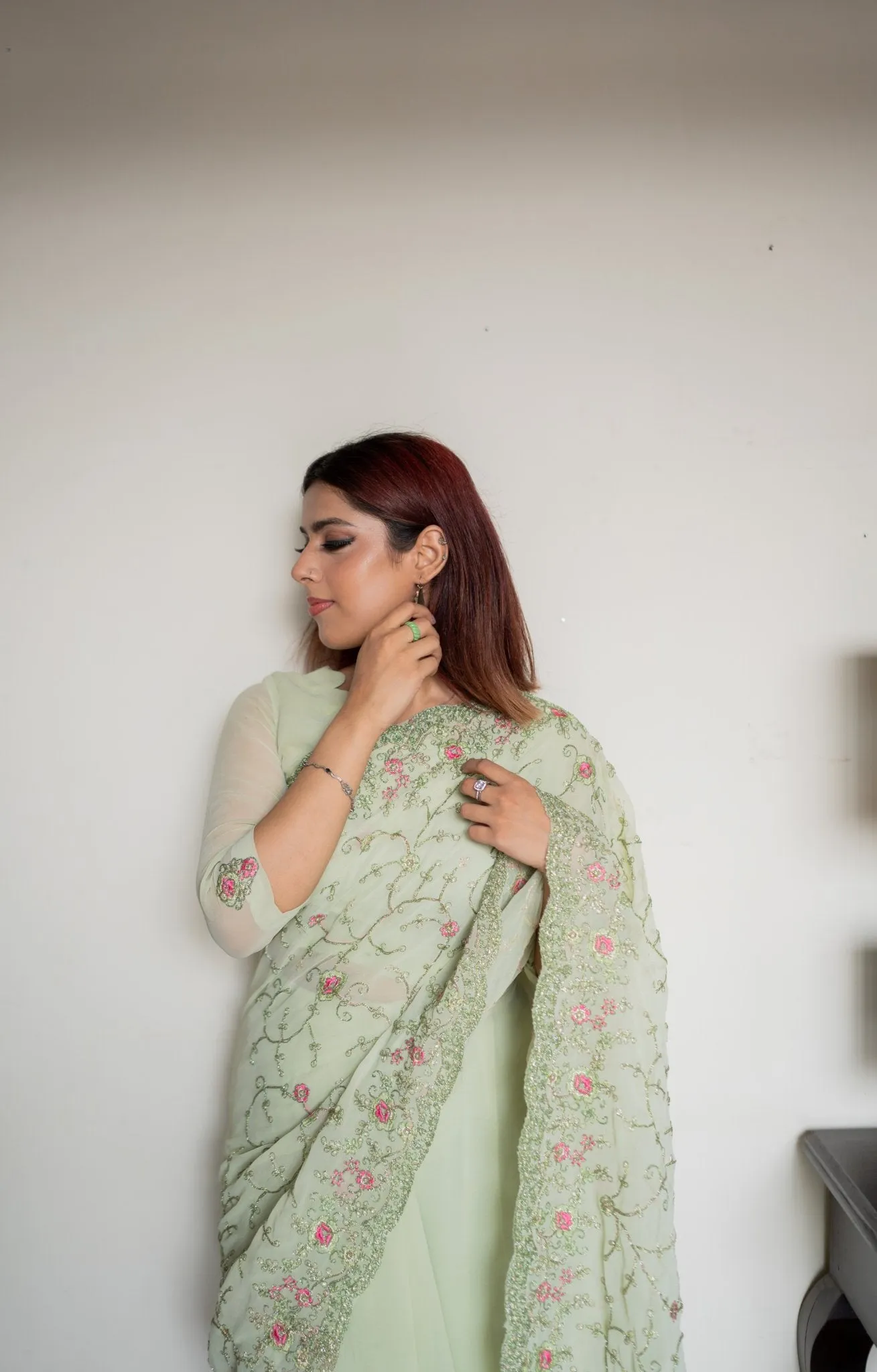 Mint Embroidered Chiffon: Daim