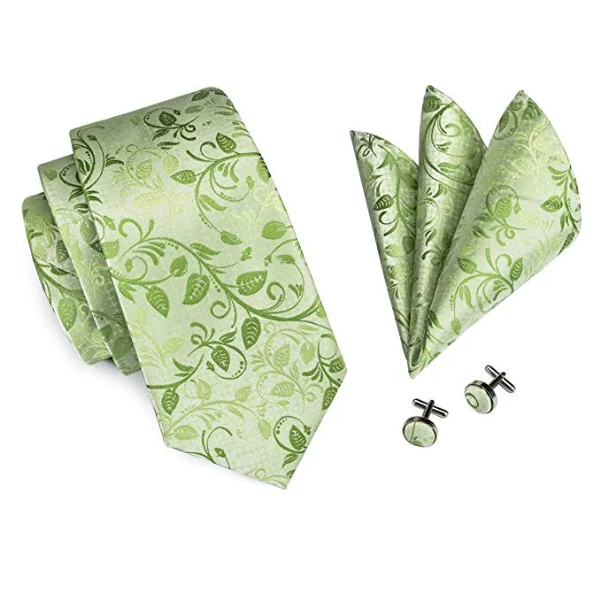 Mint Green Floral Silk Necktie Set- LBW261