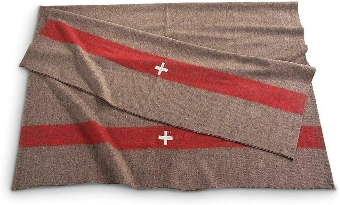 NextGen NWF Swiss Army Wool Chestnut Blanket (Brown with White Cross and Red Stripe, Single), tear_resistant, Pack of 1