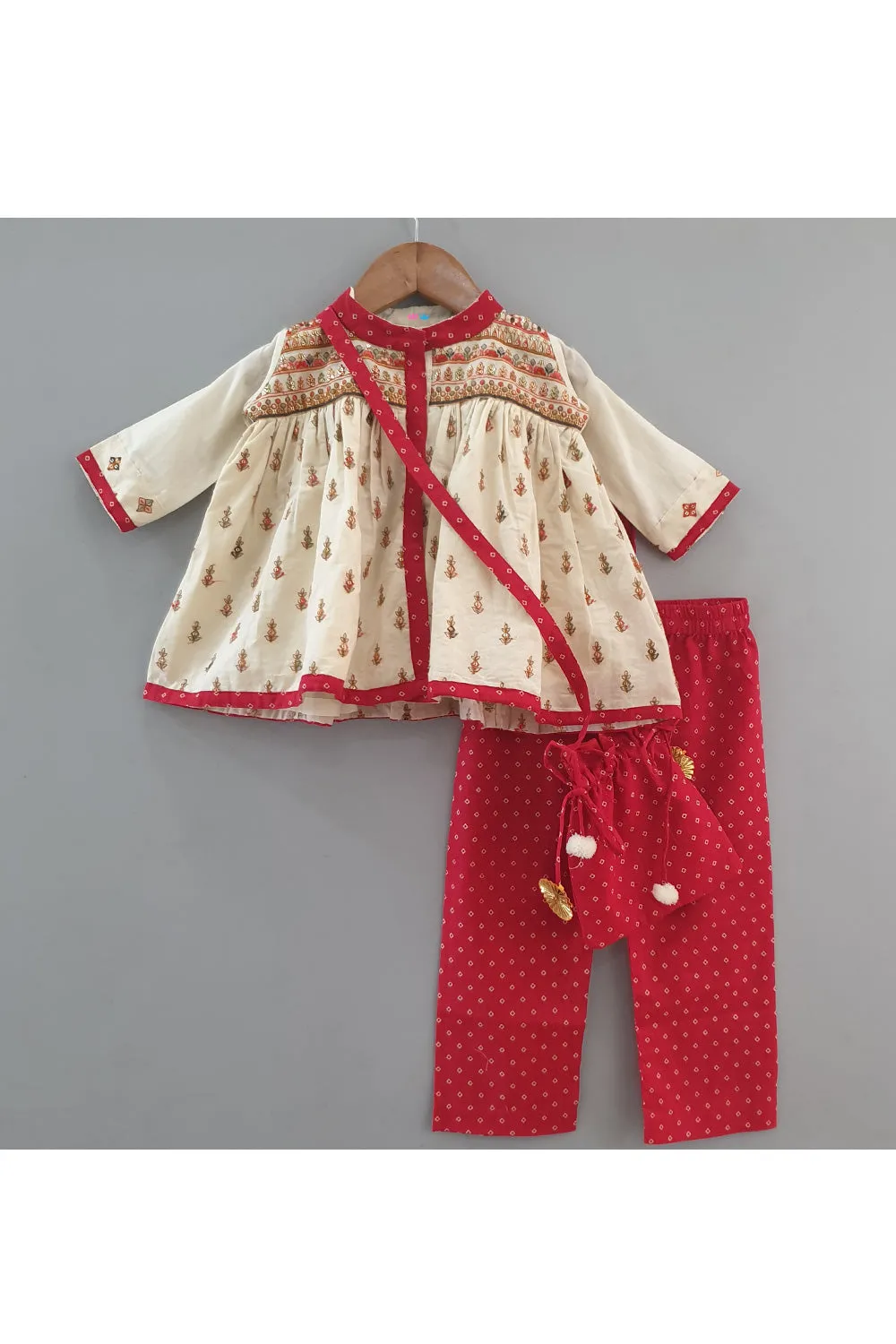 Off White And Red Embroidered Kurta With Pant Set And Sling Bag