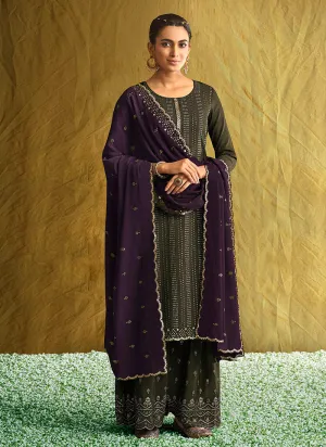 Olive Green And Purple Embroidered Palazzo Suit