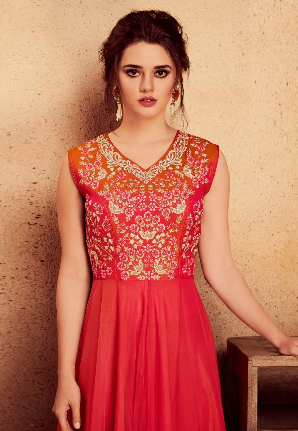 Orange And Red Embroidered Silk Anarkali Suit