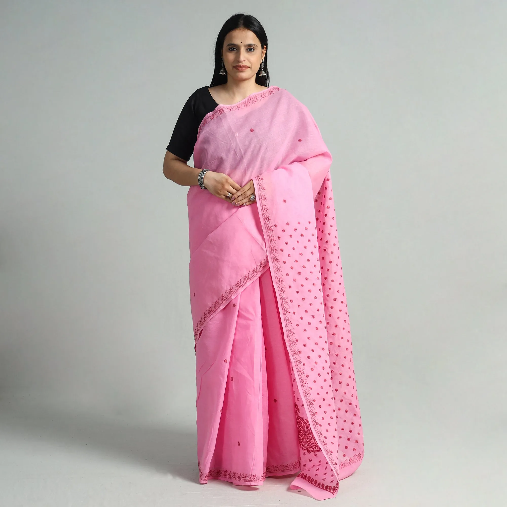 Pink - Chikankari Hand Embroidered Pure Cotton Saree 113