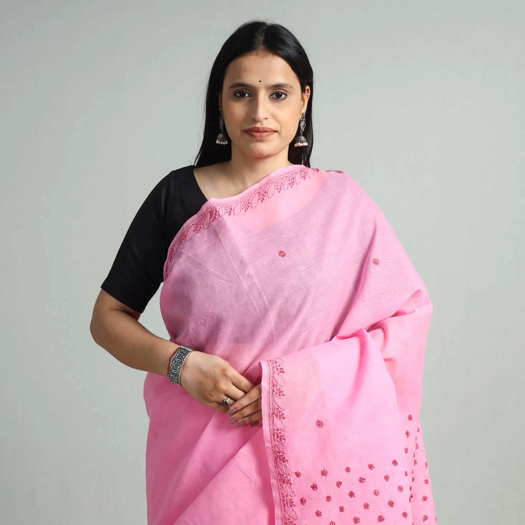 Pink - Chikankari Hand Embroidered Pure Cotton Saree 113