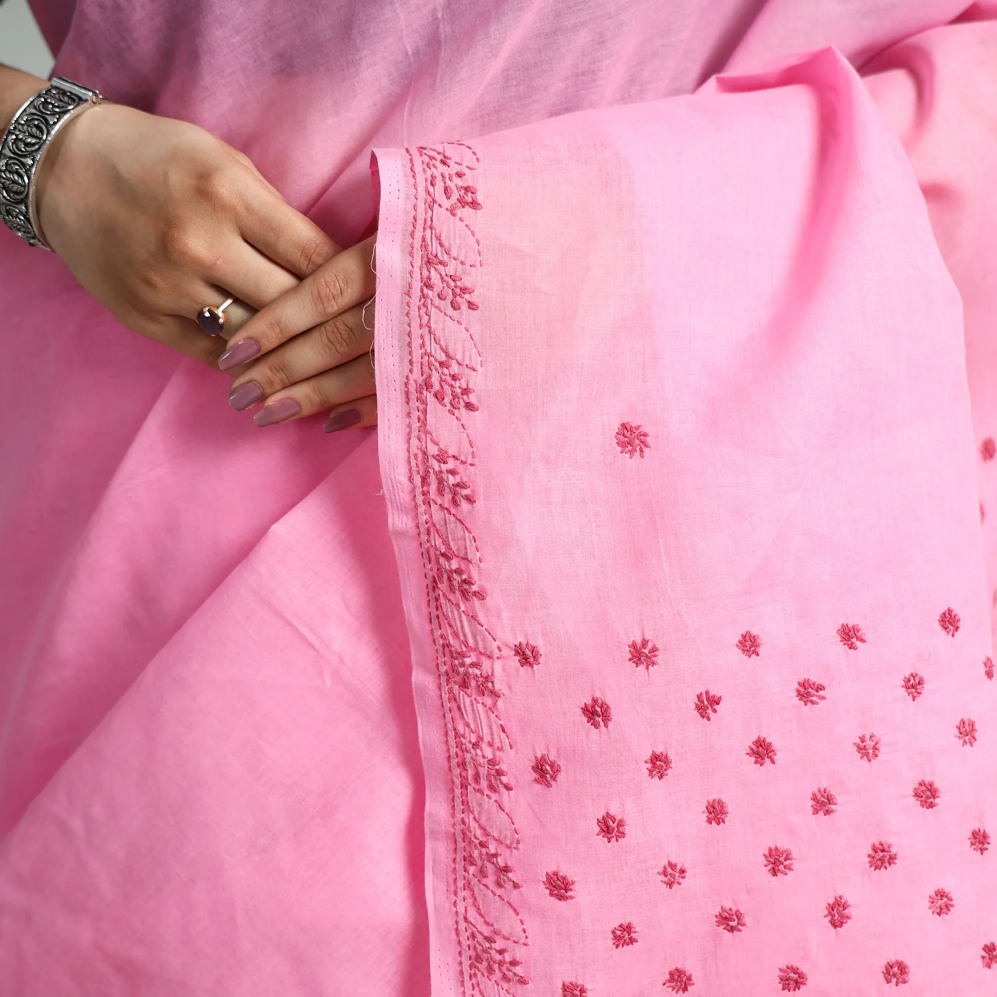 Pink - Chikankari Hand Embroidered Pure Cotton Saree 113