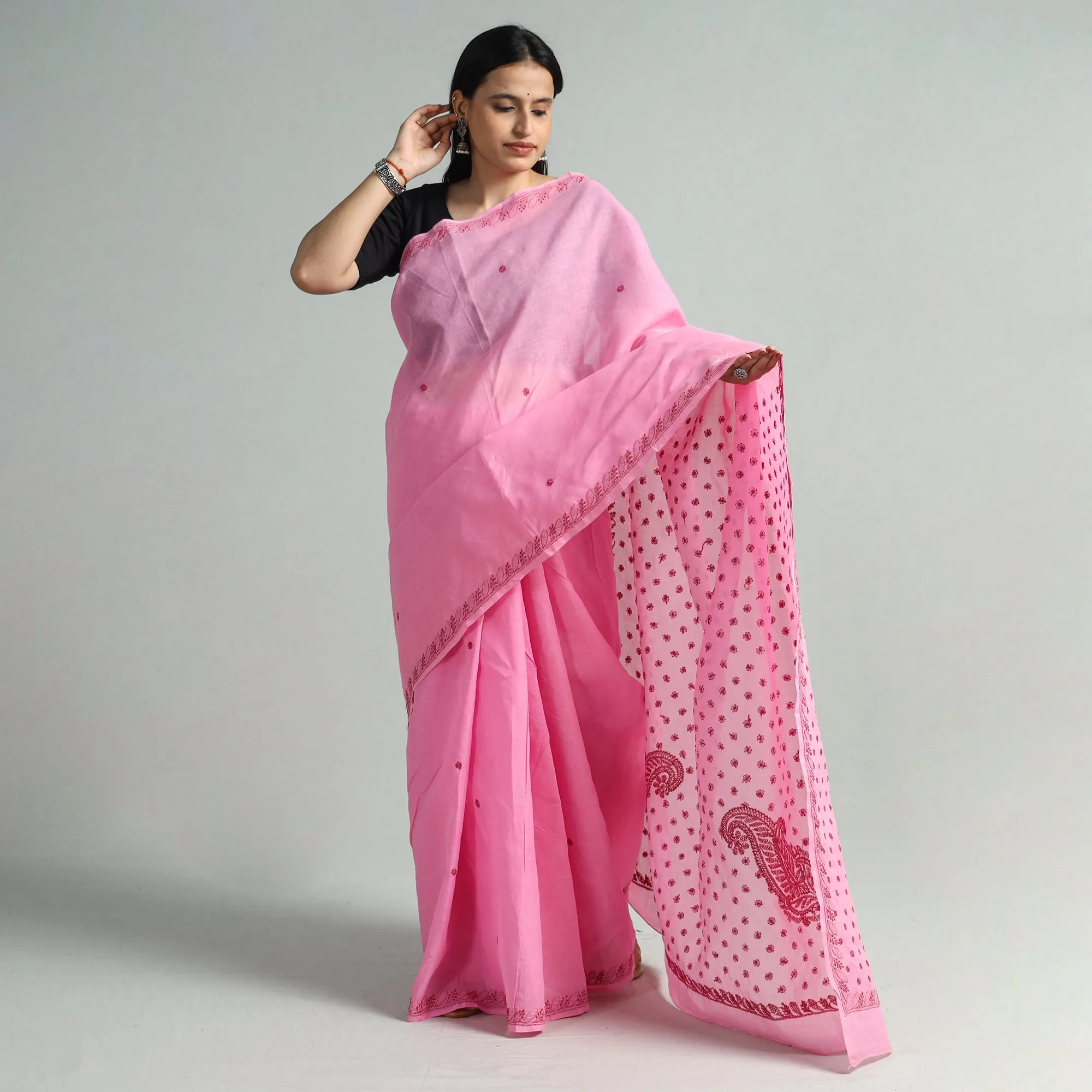 Pink - Chikankari Hand Embroidered Pure Cotton Saree 113