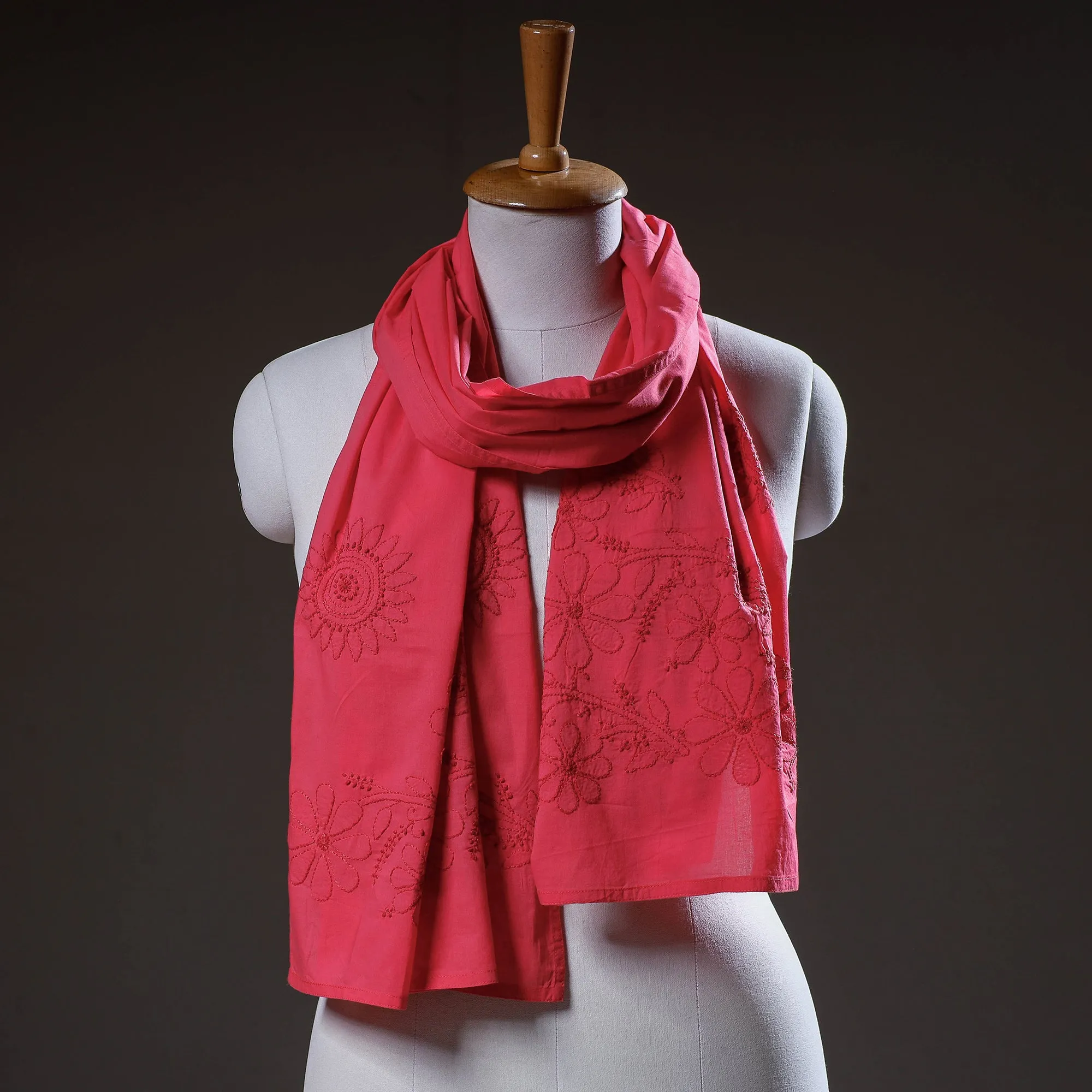 Pink - Lucknow Chikankari Hand Embroidery Cotton Stole