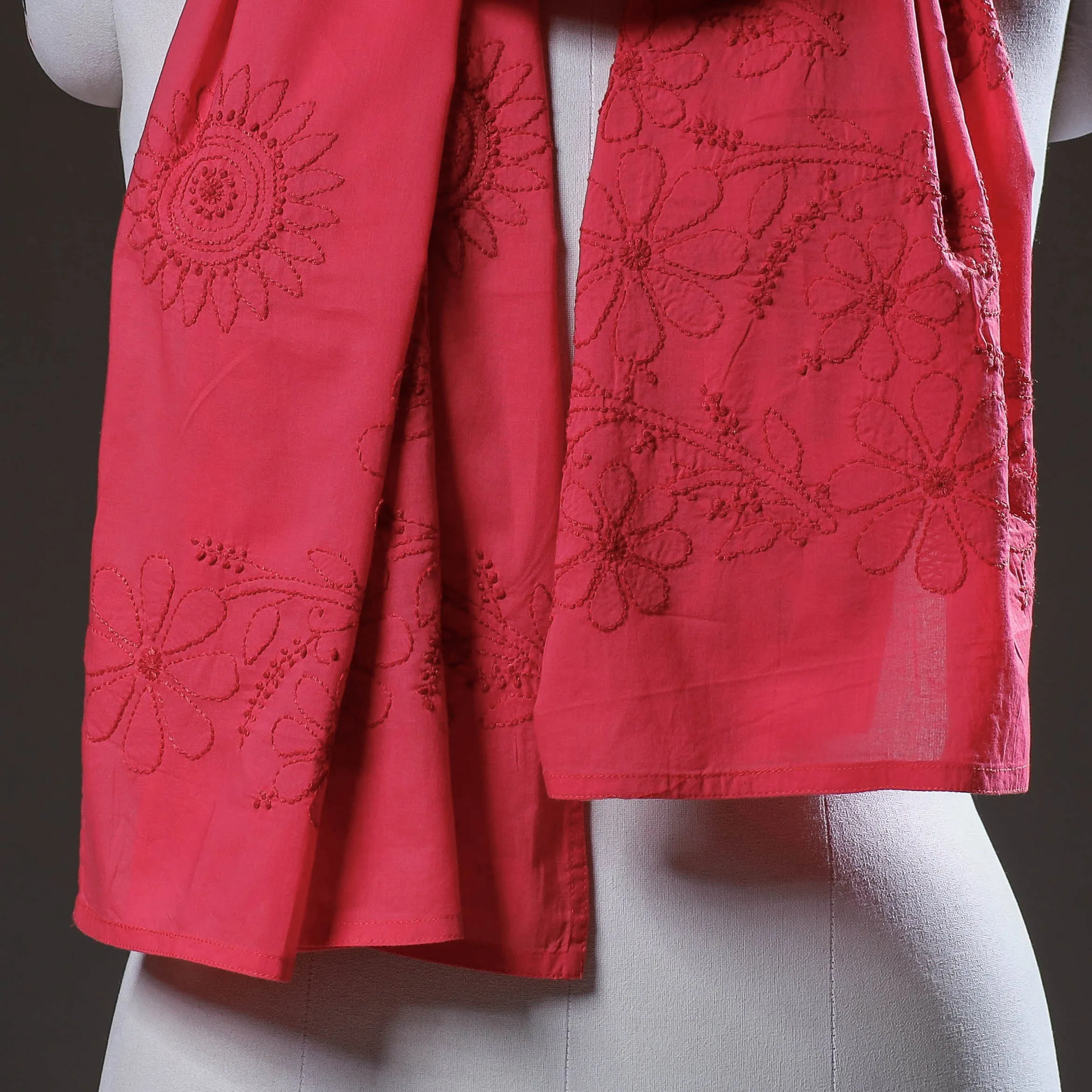 Pink - Lucknow Chikankari Hand Embroidery Cotton Stole