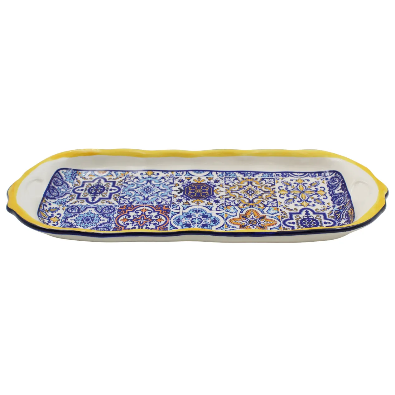 Portuguese Ceramic Small Serving Tray with Azulejo Tile Design and Yellow Accents