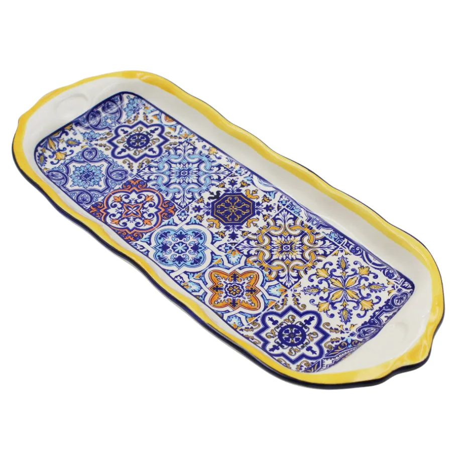 Portuguese Ceramic Small Serving Tray with Azulejo Tile Design and Yellow Accents