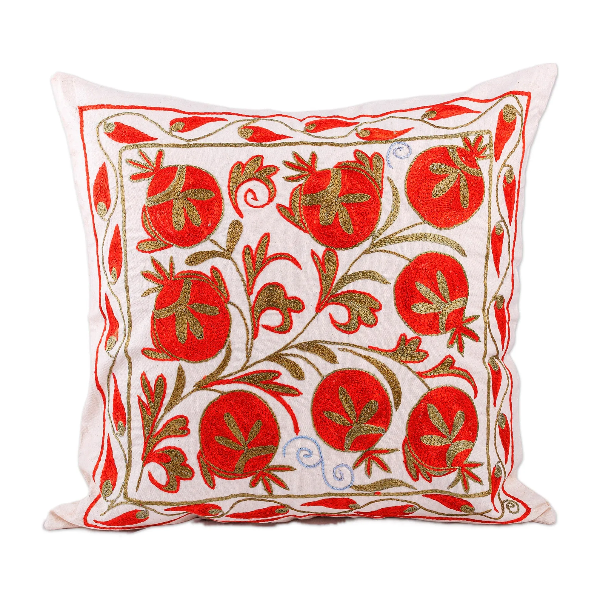 Red and Green Pomegranate Embroidered Cotton Pillow Sham - Romantic Era | NOVICA