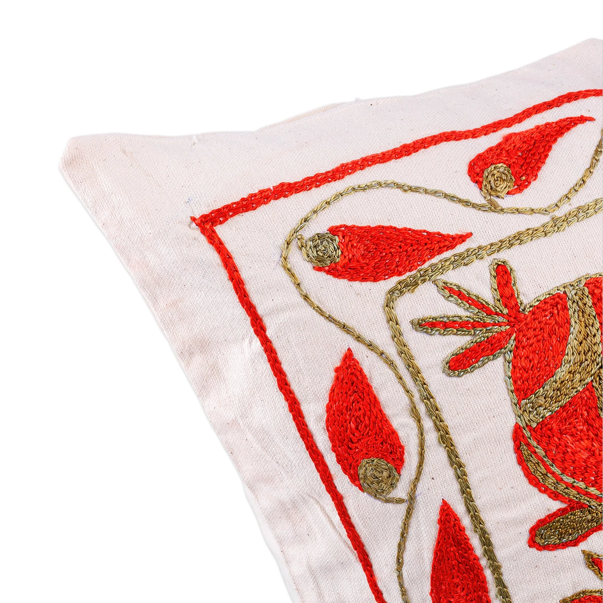 Red and Green Pomegranate Embroidered Cotton Pillow Sham - Romantic Era | NOVICA