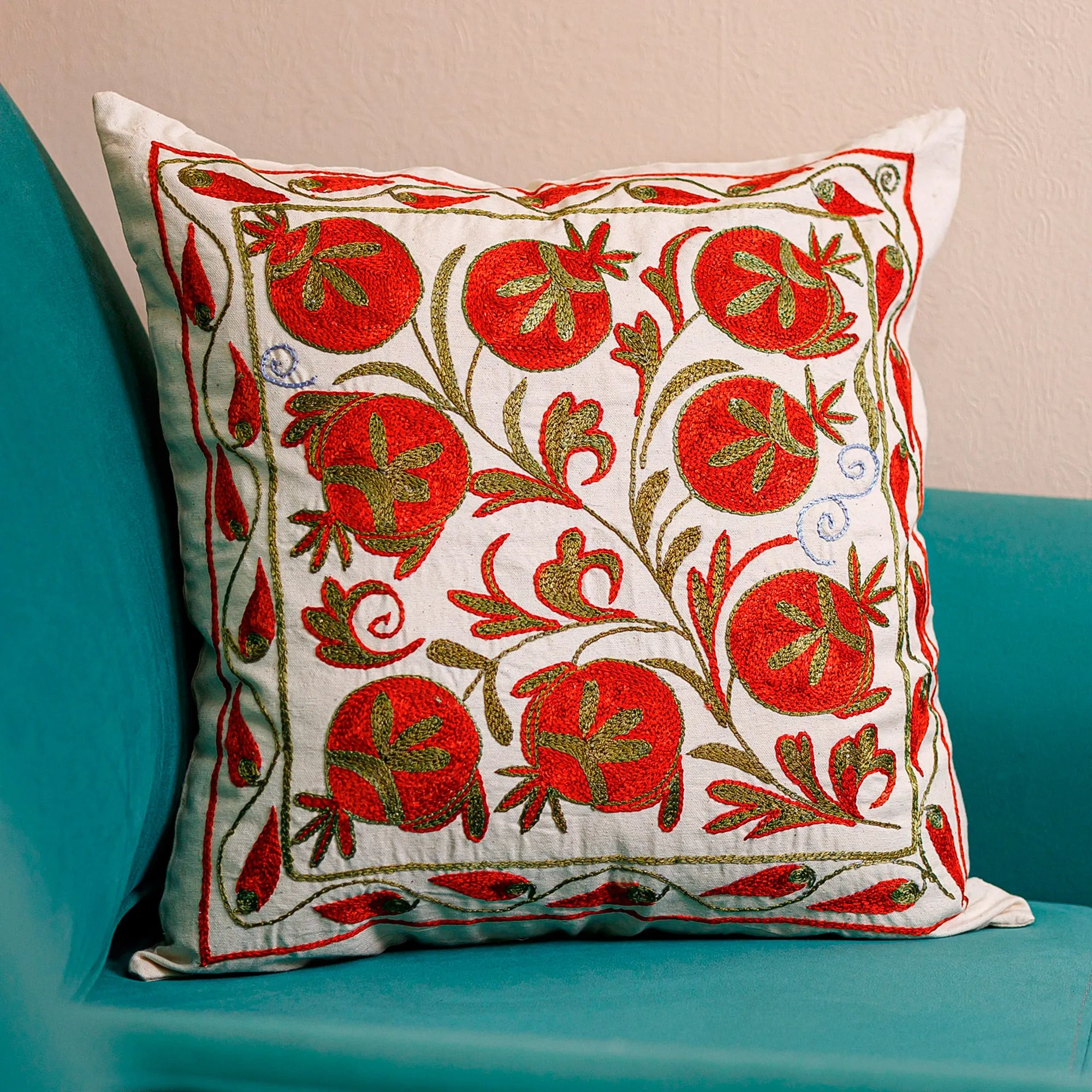 Red and Green Pomegranate Embroidered Cotton Pillow Sham - Romantic Era | NOVICA