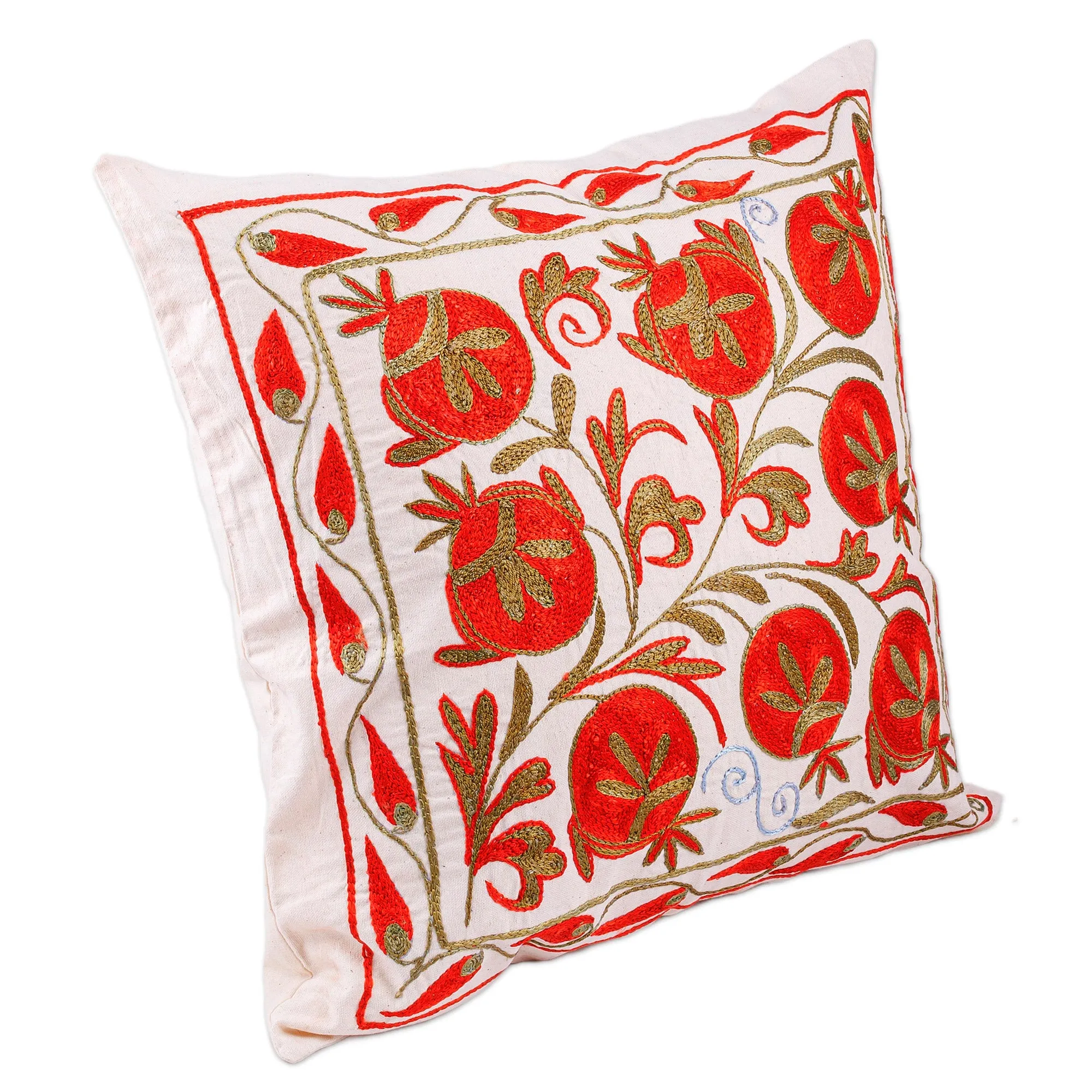 Red and Green Pomegranate Embroidered Cotton Pillow Sham - Romantic Era | NOVICA