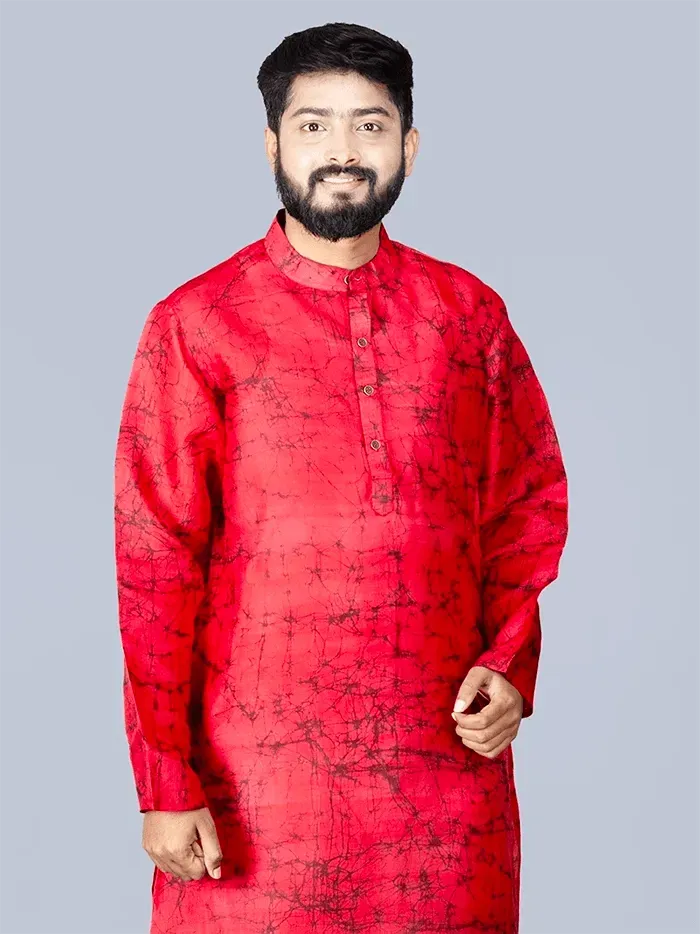 Red Batik Printed Pure Silk Men Kurta