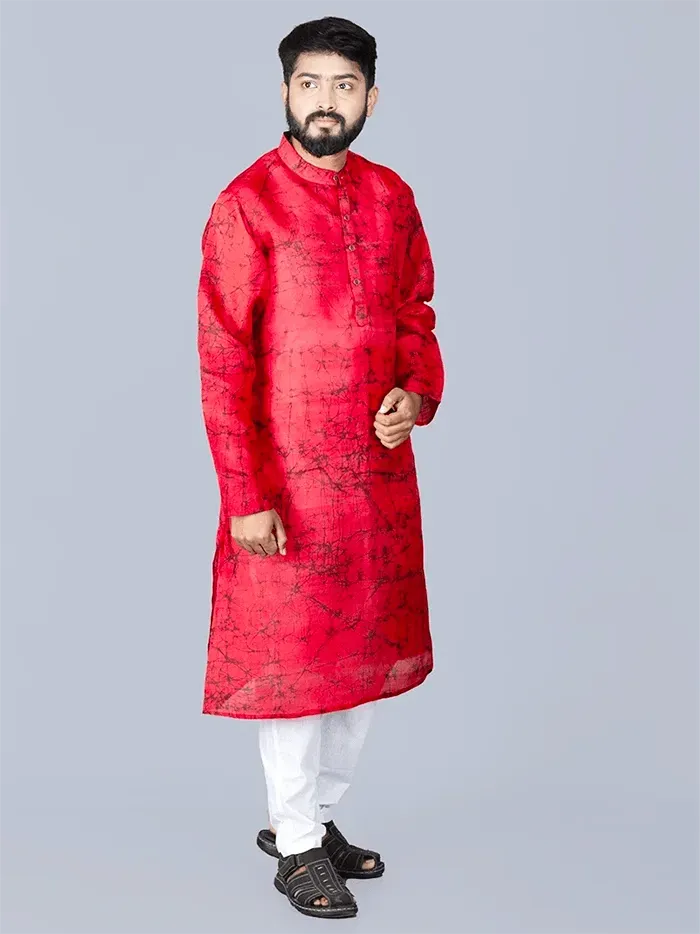 Red Batik Printed Pure Silk Men Kurta