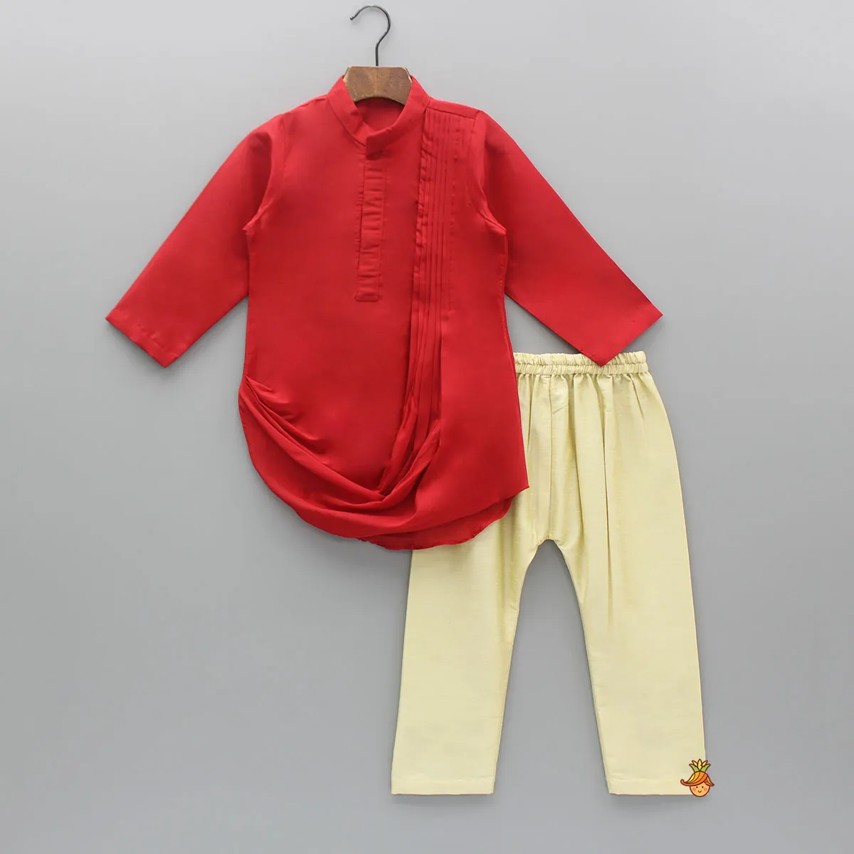 Red Cowl Style Kurta And Beige Pyjama With Embroidered Jacket