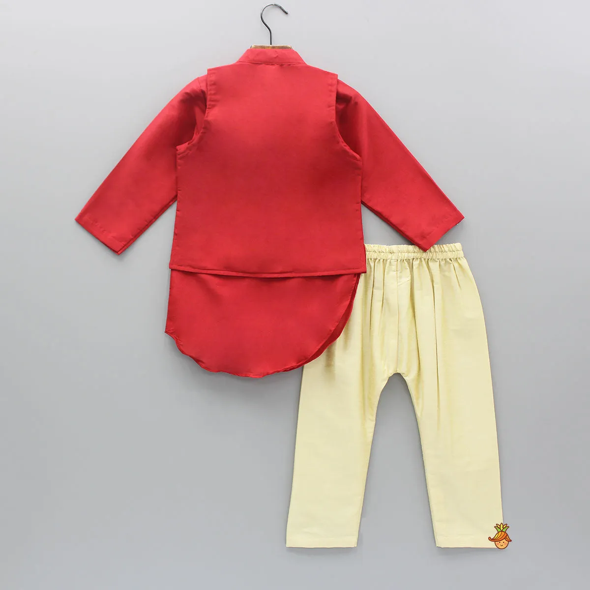 Red Cowl Style Kurta And Beige Pyjama With Embroidered Jacket