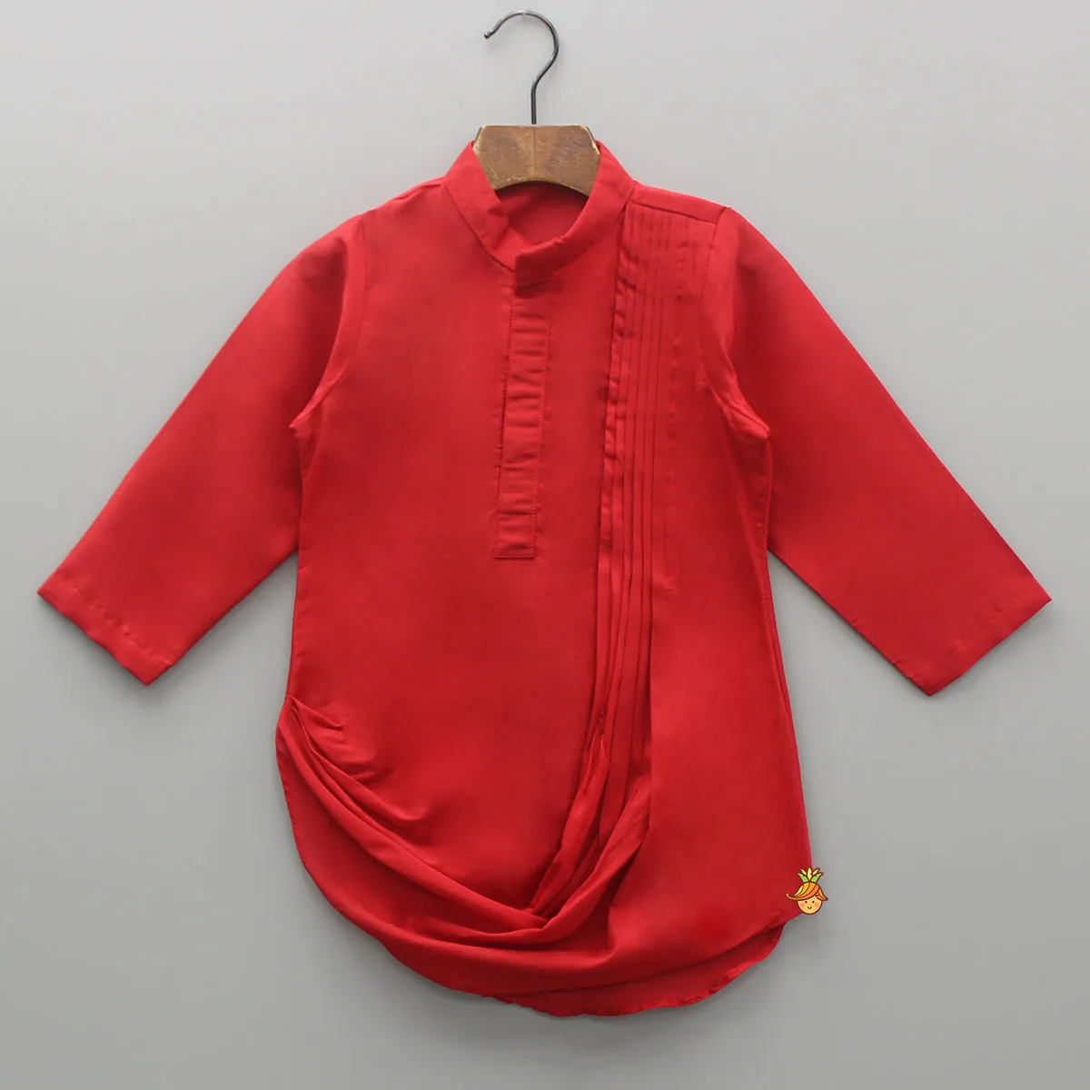 Red Cowl Style Kurta And Beige Pyjama With Embroidered Jacket