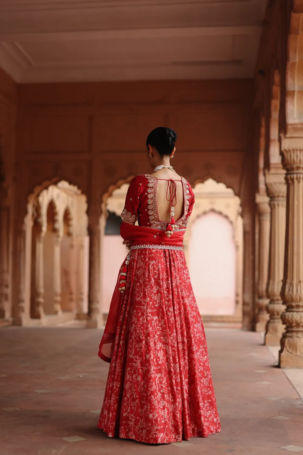 Red  Embroidered And Printed Lehenga Set