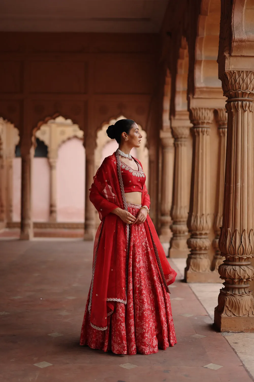 Red  Embroidered And Printed Lehenga Set