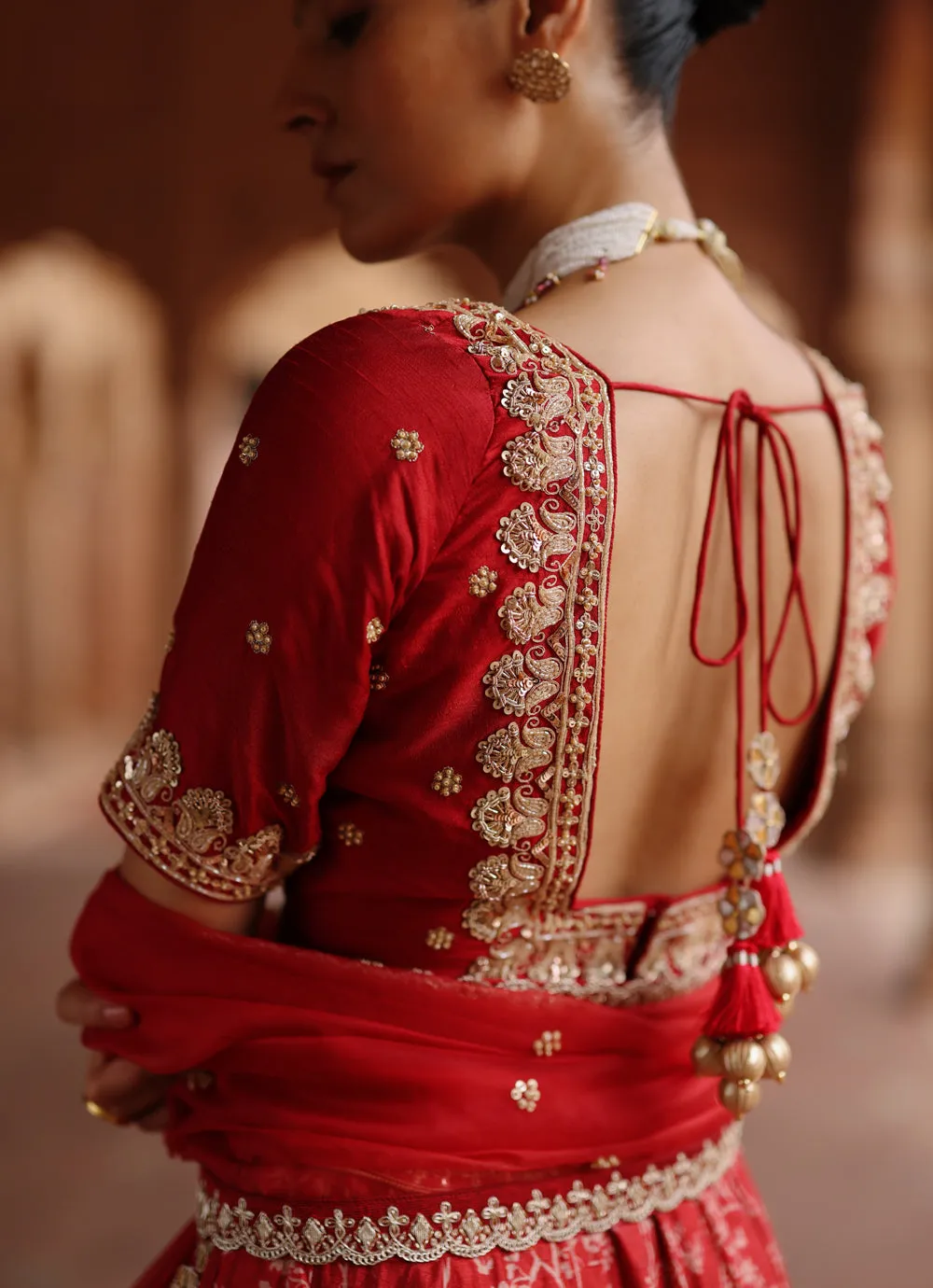 Red  Embroidered And Printed Lehenga Set